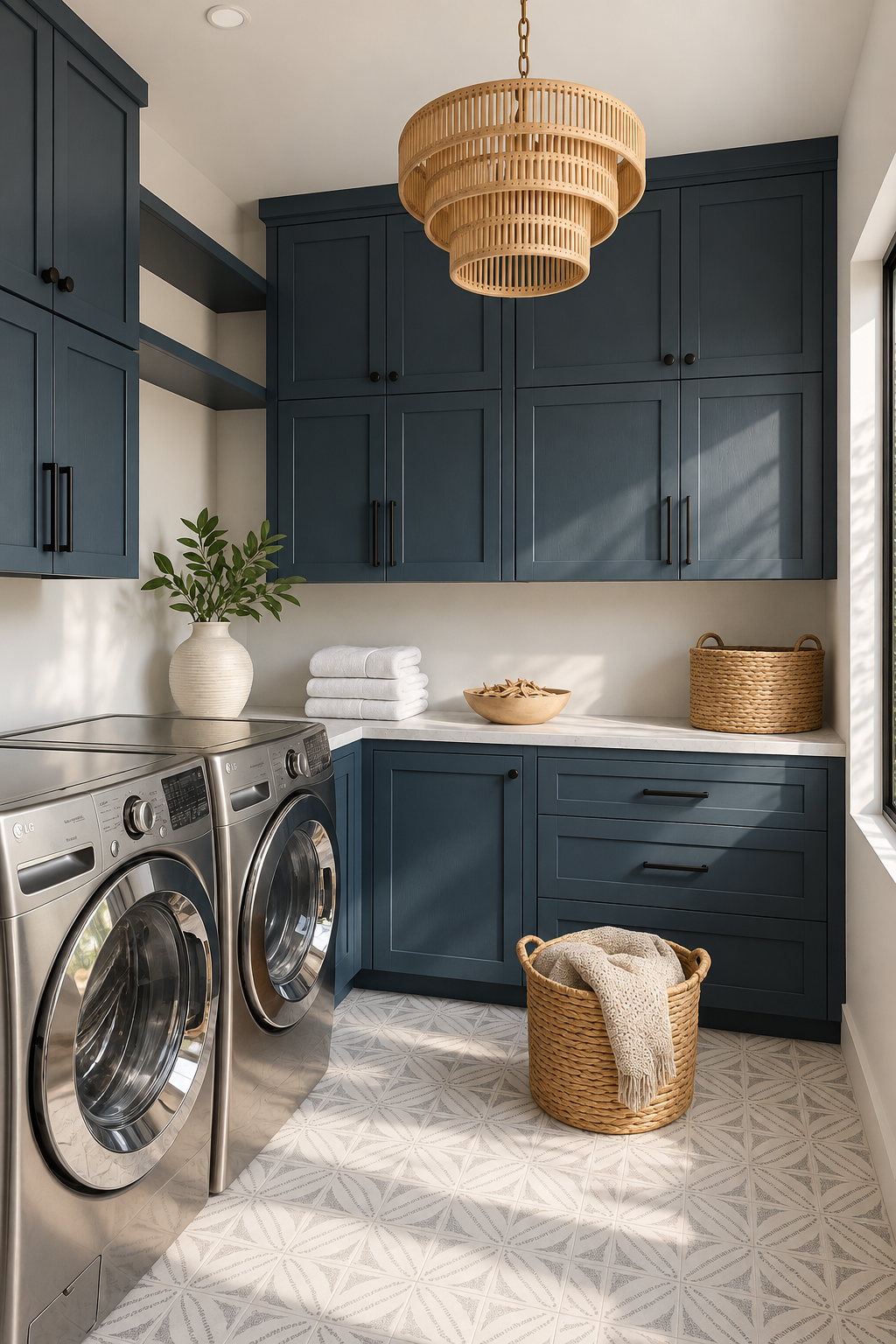 Modern laundry room with blue cabinetry, stainless steel washer and dryer, woven basket, folded towels, a white vase with greenery, and a wooden bowl with laundry clips, illuminated by natural light from the window.