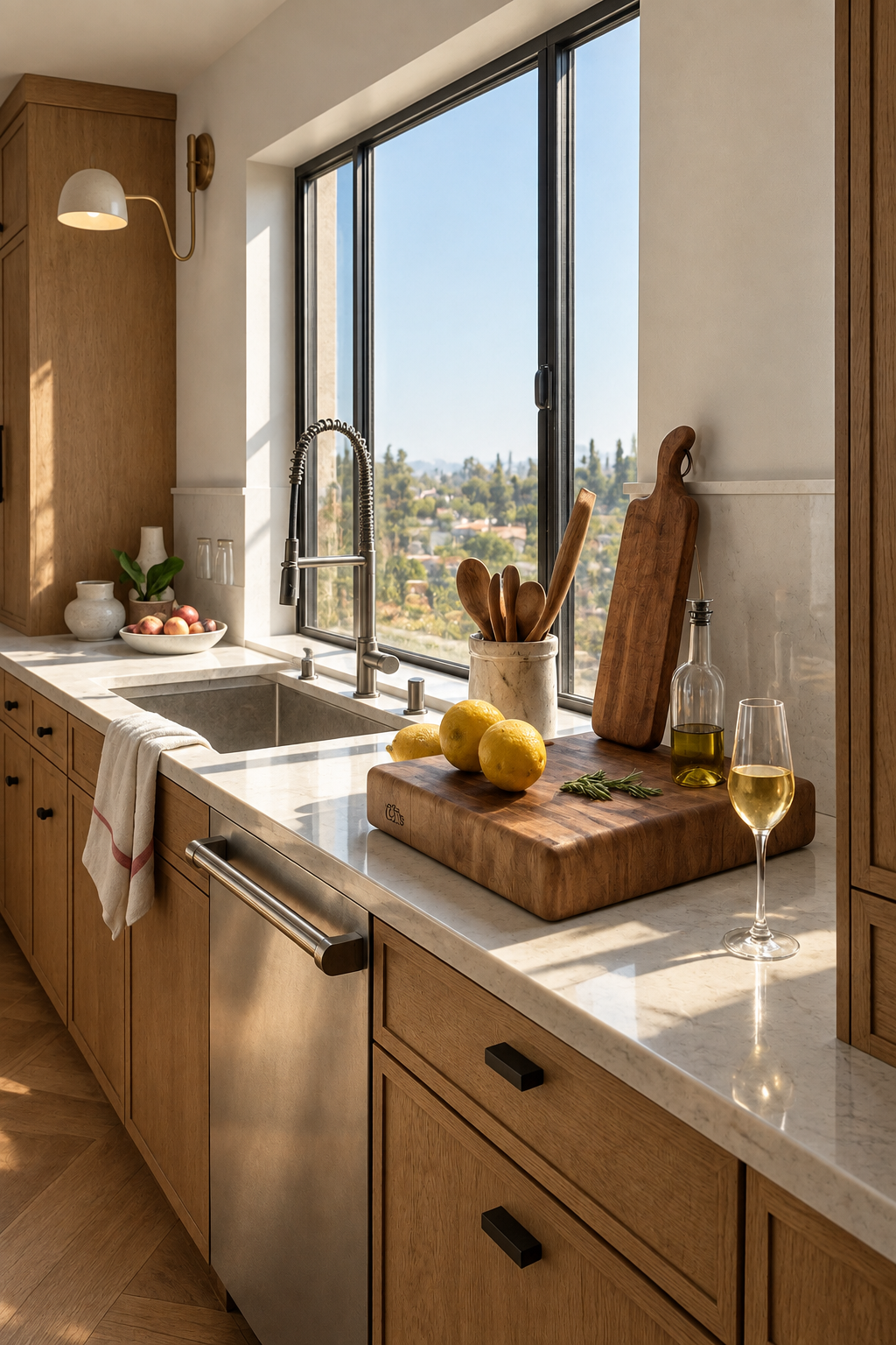Modern kitchen with wooden cabinets, white marble countertop, stainless steel dishwasher, and a large window overlooking scenic hills. Items on the counter include lemons, a glass of white wine, a bottle of olive oil, a cutting board, wooden utensils, and decorative vases.