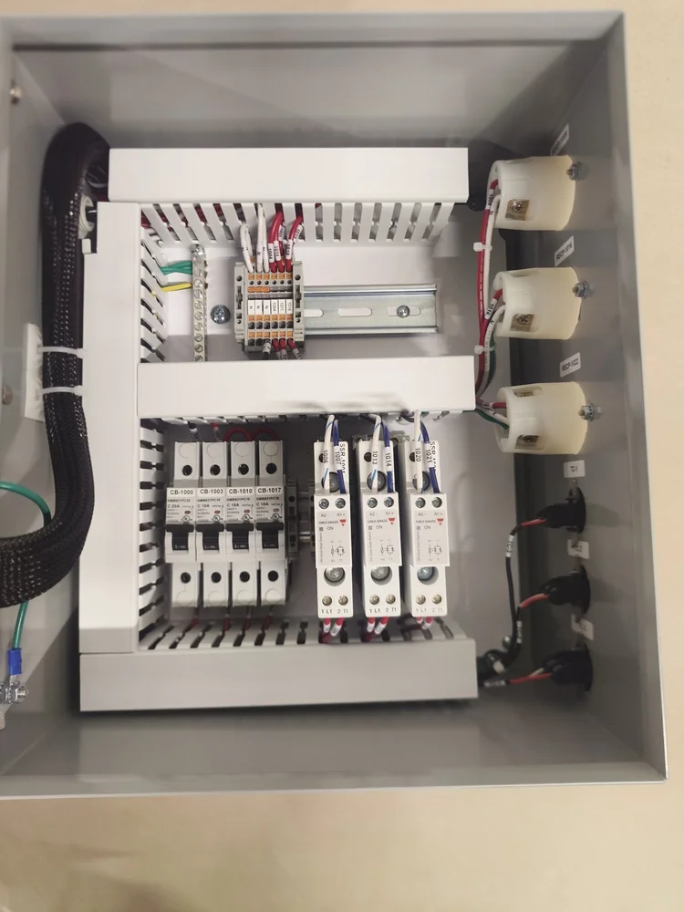 Interior with circuit breakers, solid-state relays and terminal blocks