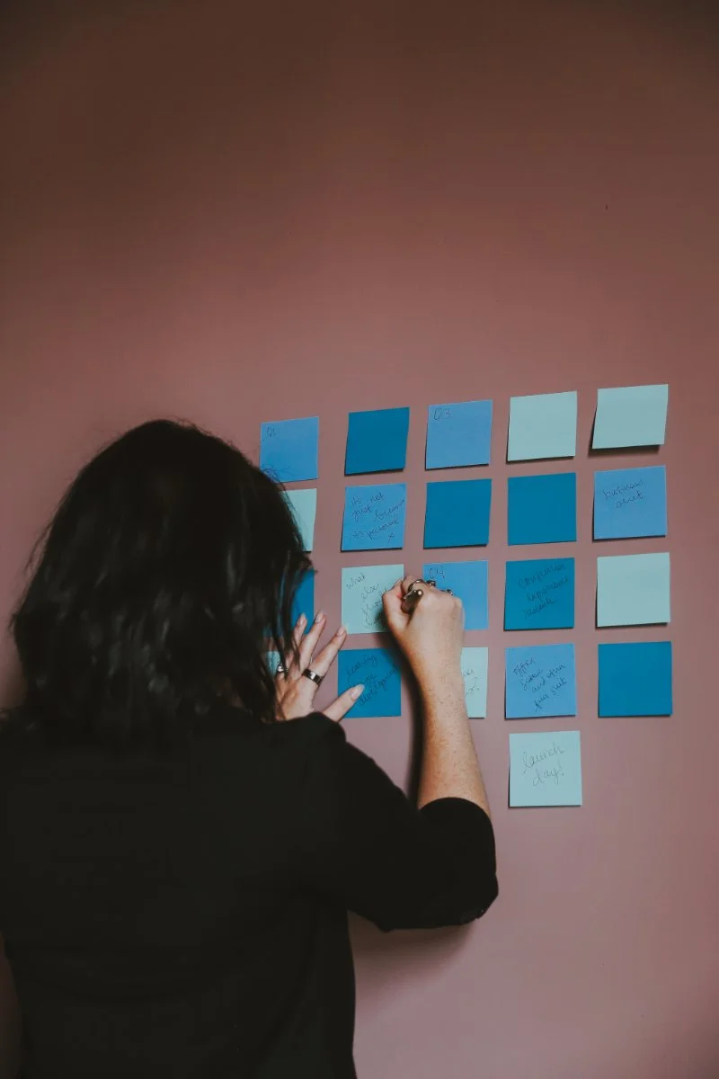 Woman from behind, writing on blue sticky notes arranged in a grid on a pink wall. | automated sales system