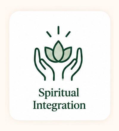 Icon of two hands holding a lotus flower with rays above, accompanied by the text 'Spiritual Integration'.