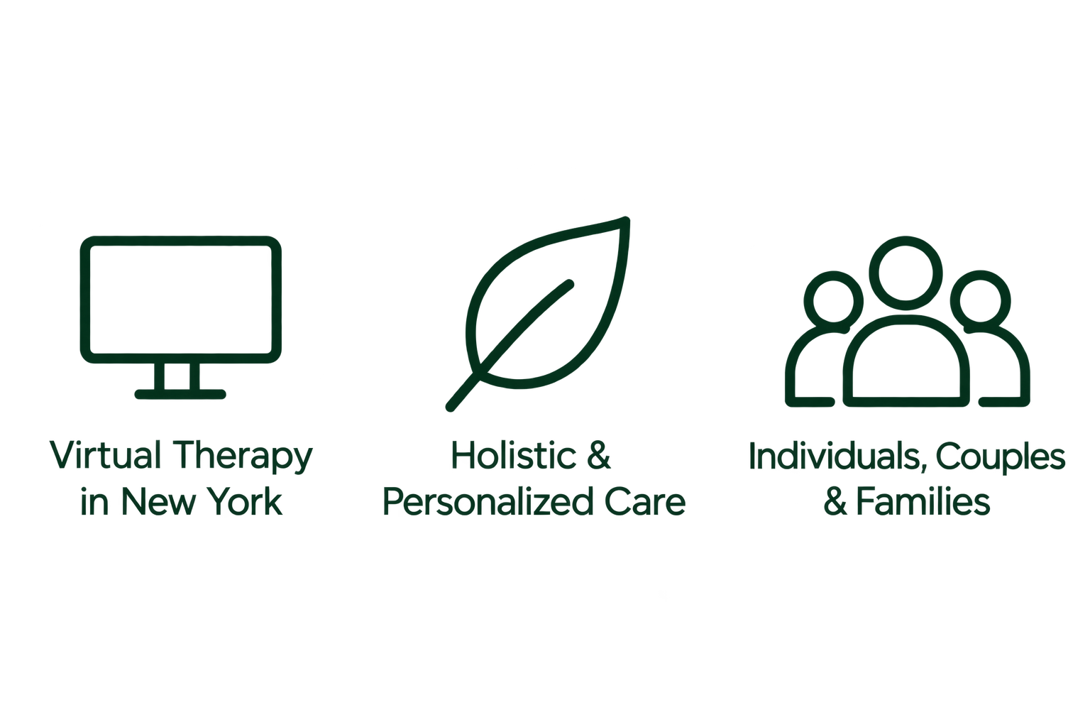 Dark background with three faint green icons: a computer monitor, a leaf, and a group of people. Text is barely visible, referencing virtual therapy in New York, personalized care, and an unspecified aspect.