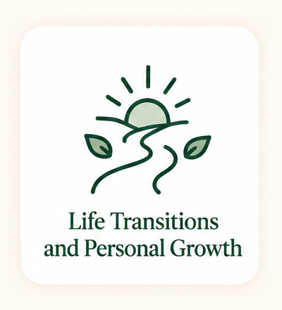 Illustration of a sunrise over hills with leaves, representing growth, accompanied by the text 'Life Transitions and Personal Growth'.