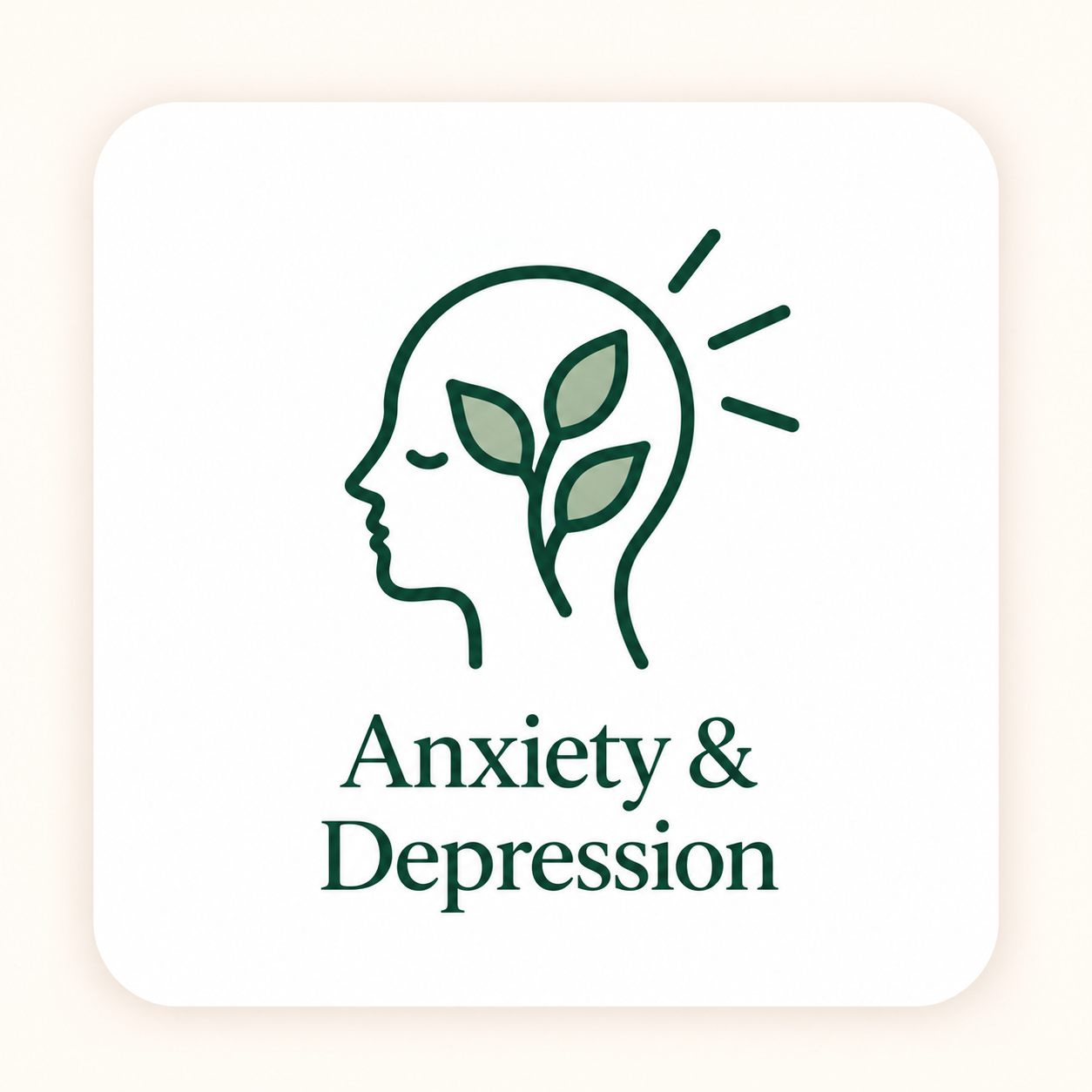 An icon of a human head profile with a plant growing inside and rays emanating from the head, symbolizing mental growth and wellness. Below the icon are the words "Anxiety & Depression" in green text.