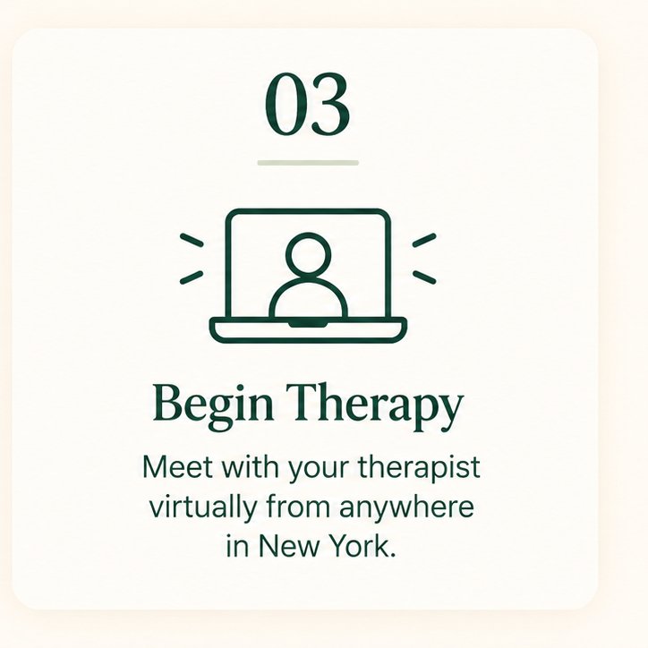 Graphic with a numbered step '03', an icon of a person on a video call, and text that reads 'Begin Therapy. Meet with your therapist virtually from anywhere in New York.'