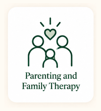 Icon of a family with a heart above them and the text 'Parenting and Family Therapy'.