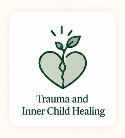 A logo featuring a cracked heart with a plant sprouting from the top, symbolizing healing, with the text 'Trauma and Inner Child Healing' beneath it.