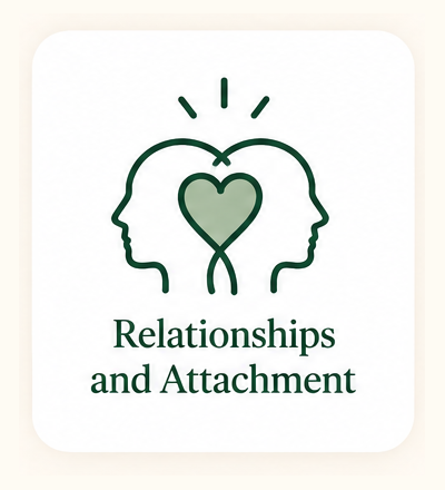 Icon of two human heads facing opposite directions connected by a heart with an arrow, above the words 'Relationships and Attachment'.
