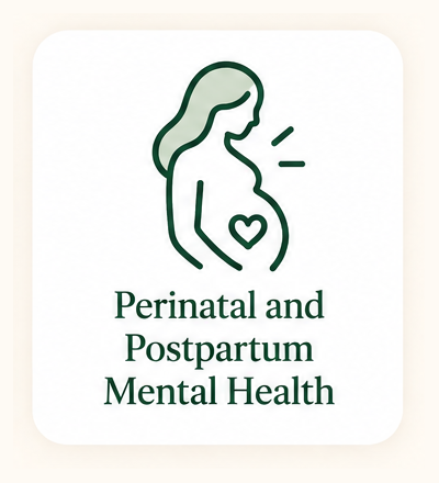 Logo featuring a line drawing of a pregnant woman with a heart on her belly and a sprout near her head, with text reading 'Perinatal and Postpartum Mental Health'