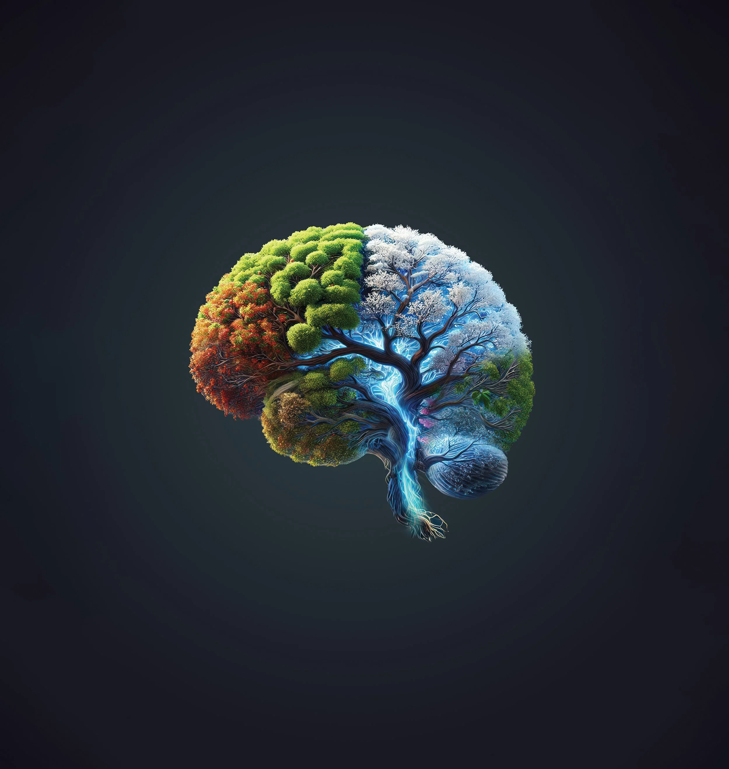 A digital visualization of a human brain divided into four sections, each representing a different season with corresponding colors and trees: spring with green, summer with darker green, autumn with orange, and winter with snow-covered branches.