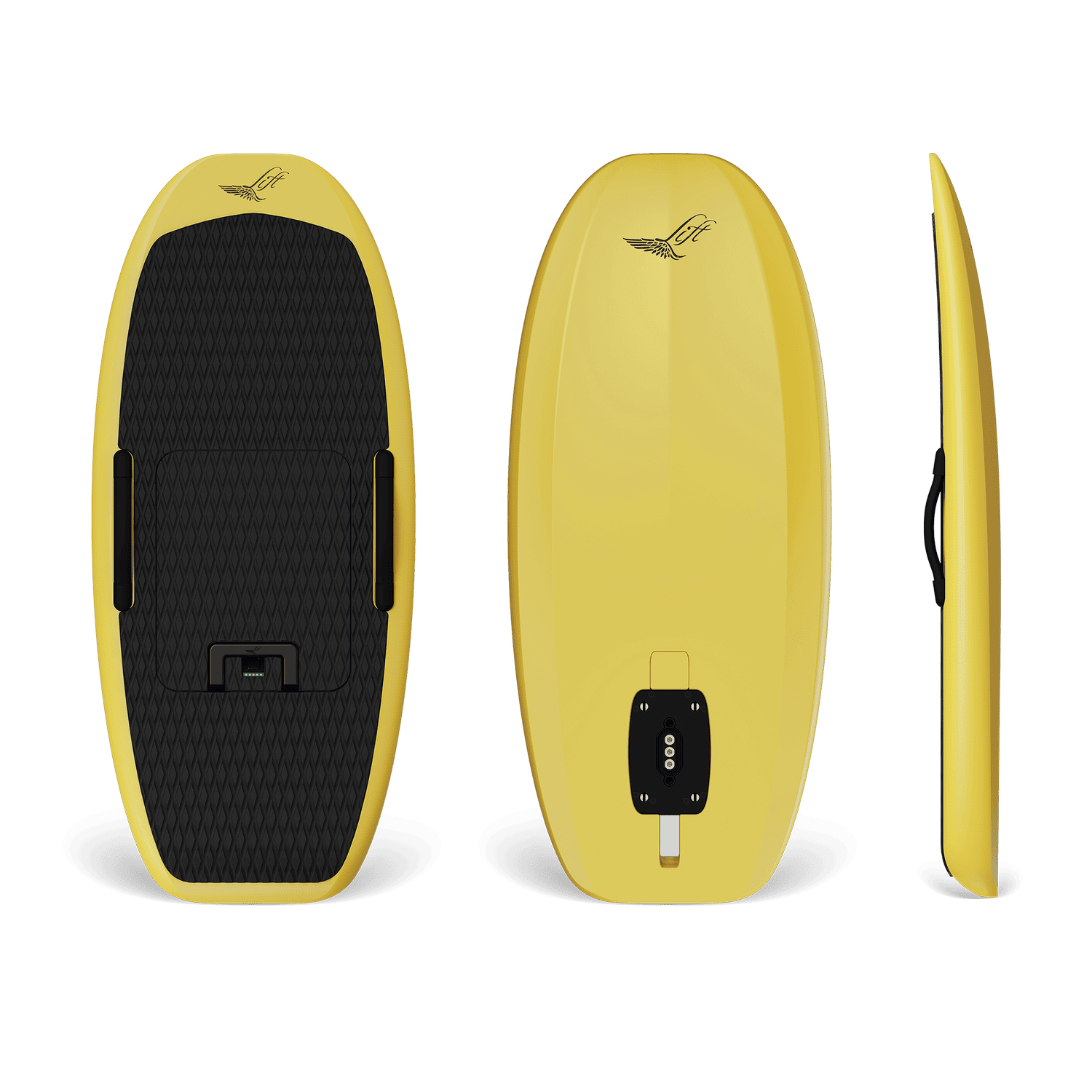 Yellow e-foil board in three views top, bottom, and side.