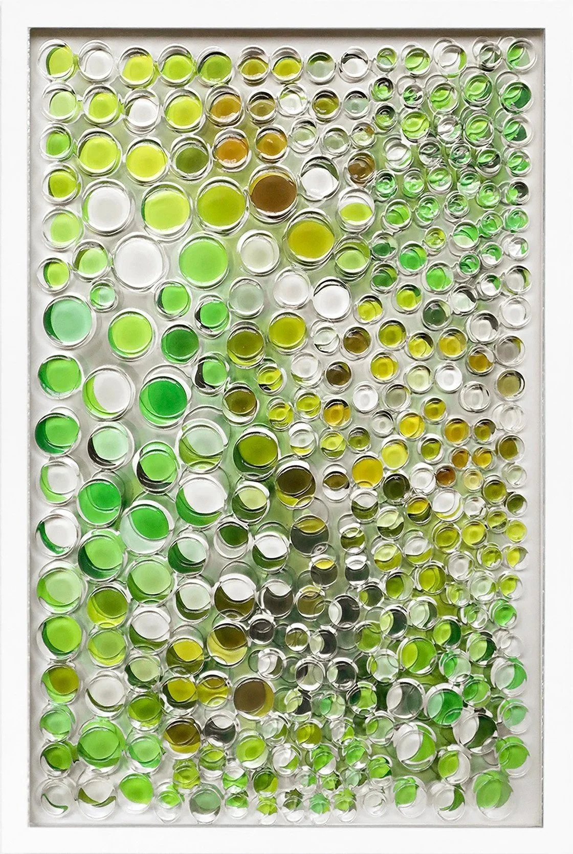 Circular green orbs sparkle within a box like frame.