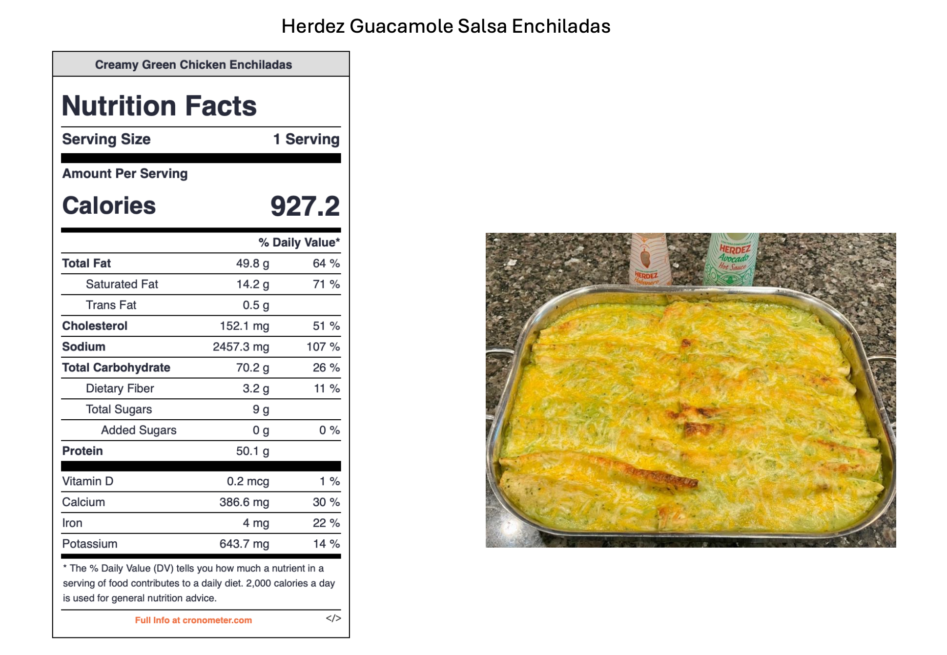 A nutrition facts label of Herdez Guacamole Salsa Enchiladas, showing nutritional information. To the right, a baked dish of enchiladas topped with melted cheese, accompanied by Herdez hot sauces and a can of Herdez avocado hot sauce in the backgroun