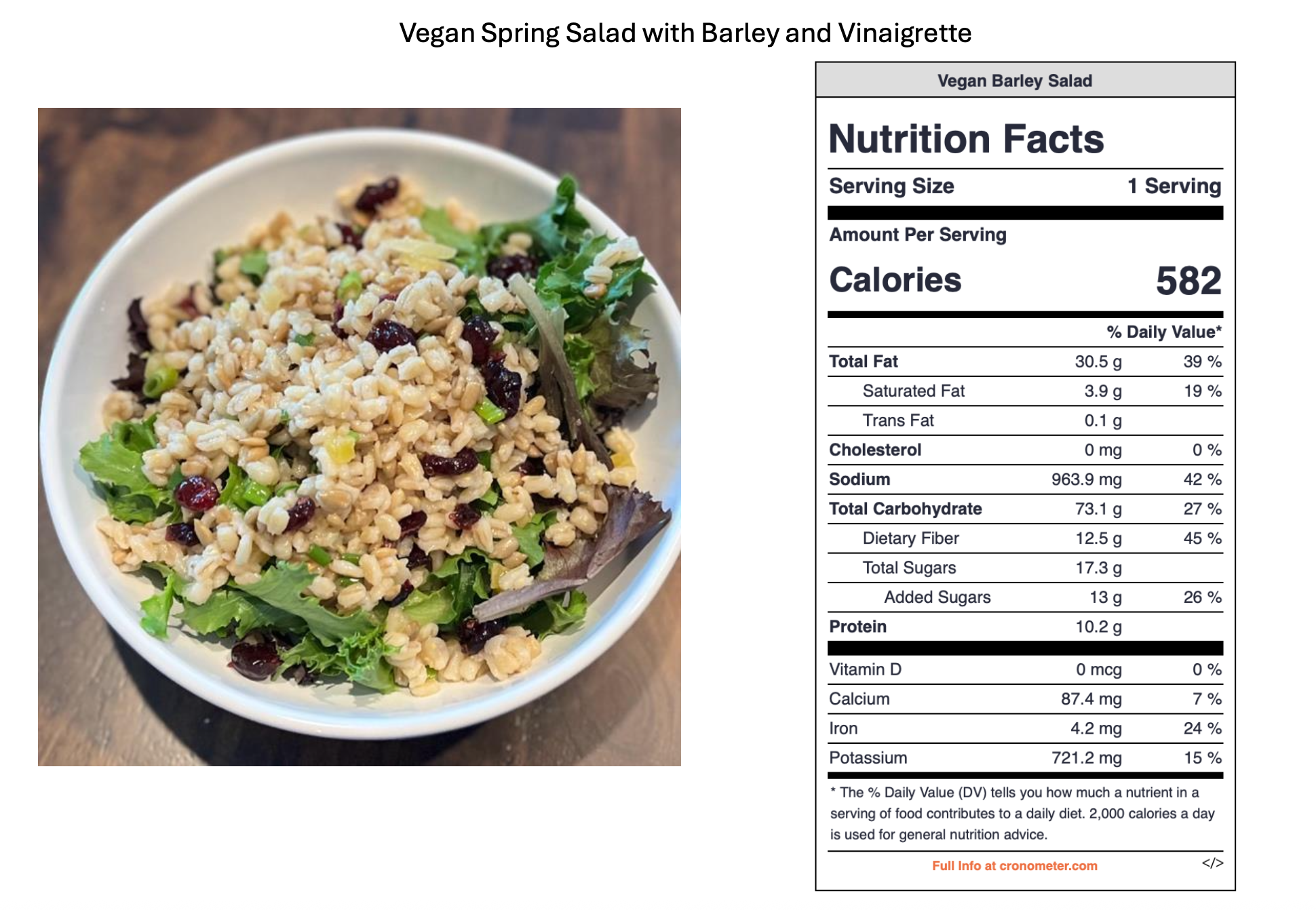 A bowl of vegan spring salad with barley and vinaigrette, containing mixed greens, barley grains, dried cranberries, and chopped green onions, placed on a wooden surface.