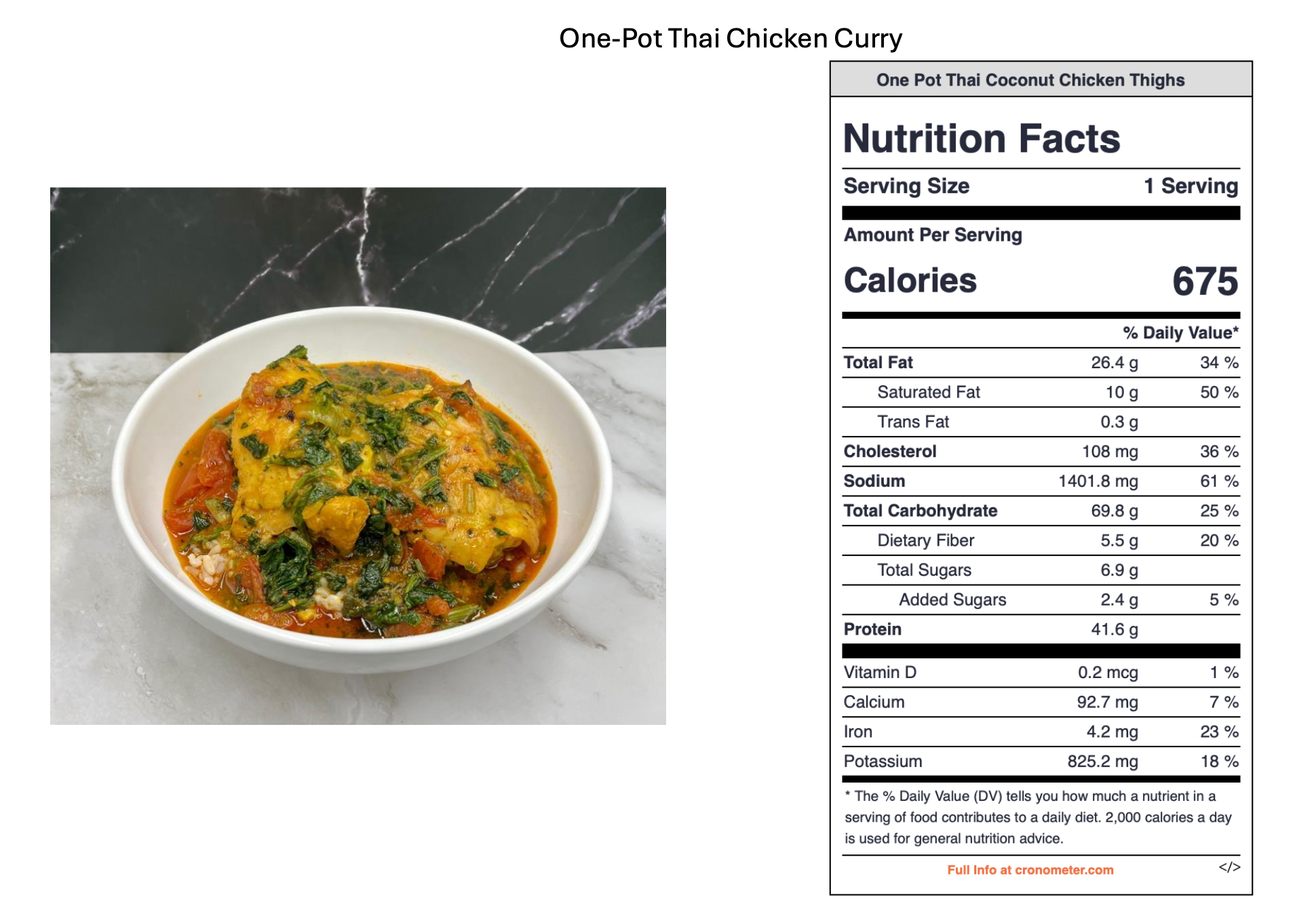 A bowl of Thai chicken curry with vegetables, placed on a white marble surface, next to a nutritional label for one-pot Thai coconut chicken thighs.