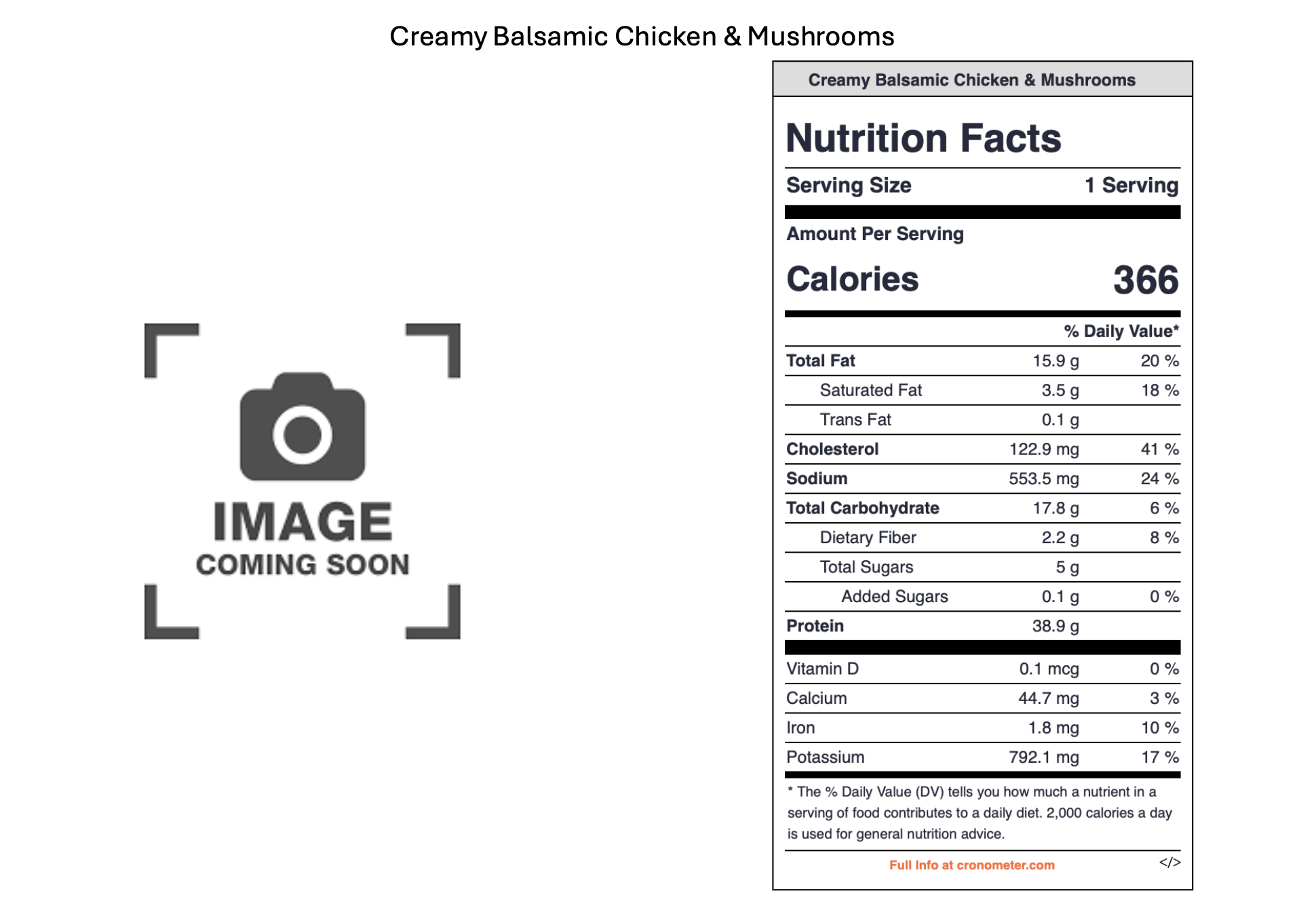 A placeholder image with a camera icon and the text 'Image Coming Soon' in the center. To the right, a food nutrition label for creamy balsamic chicken and mushrooms is visible, detailing serving size, calories, and nutritional information.