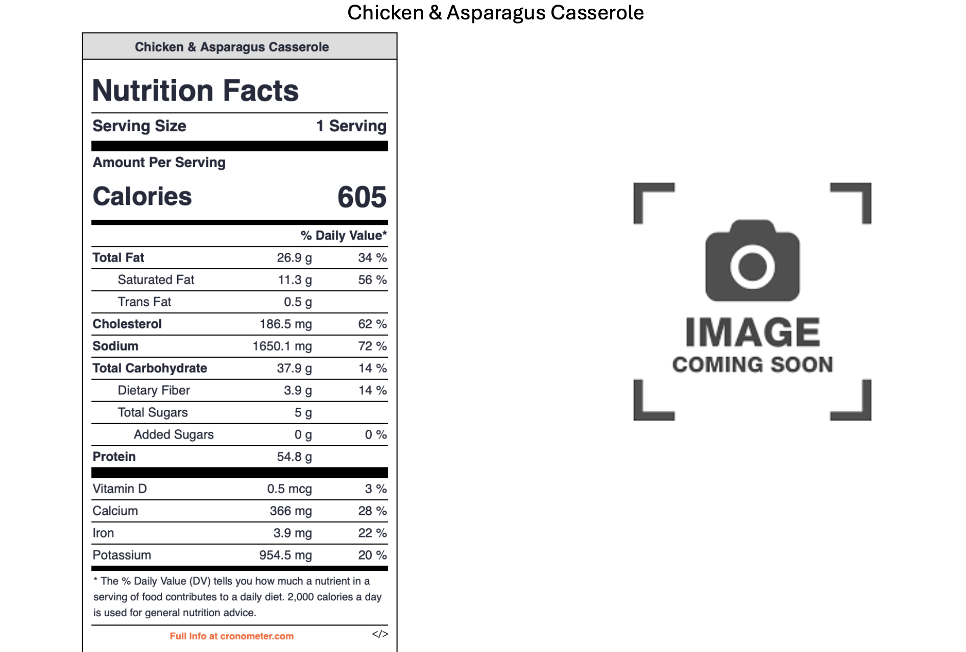 Template for a chicken and asparagus casserole nutrition facts label with an empty placeholder for an upcoming image.