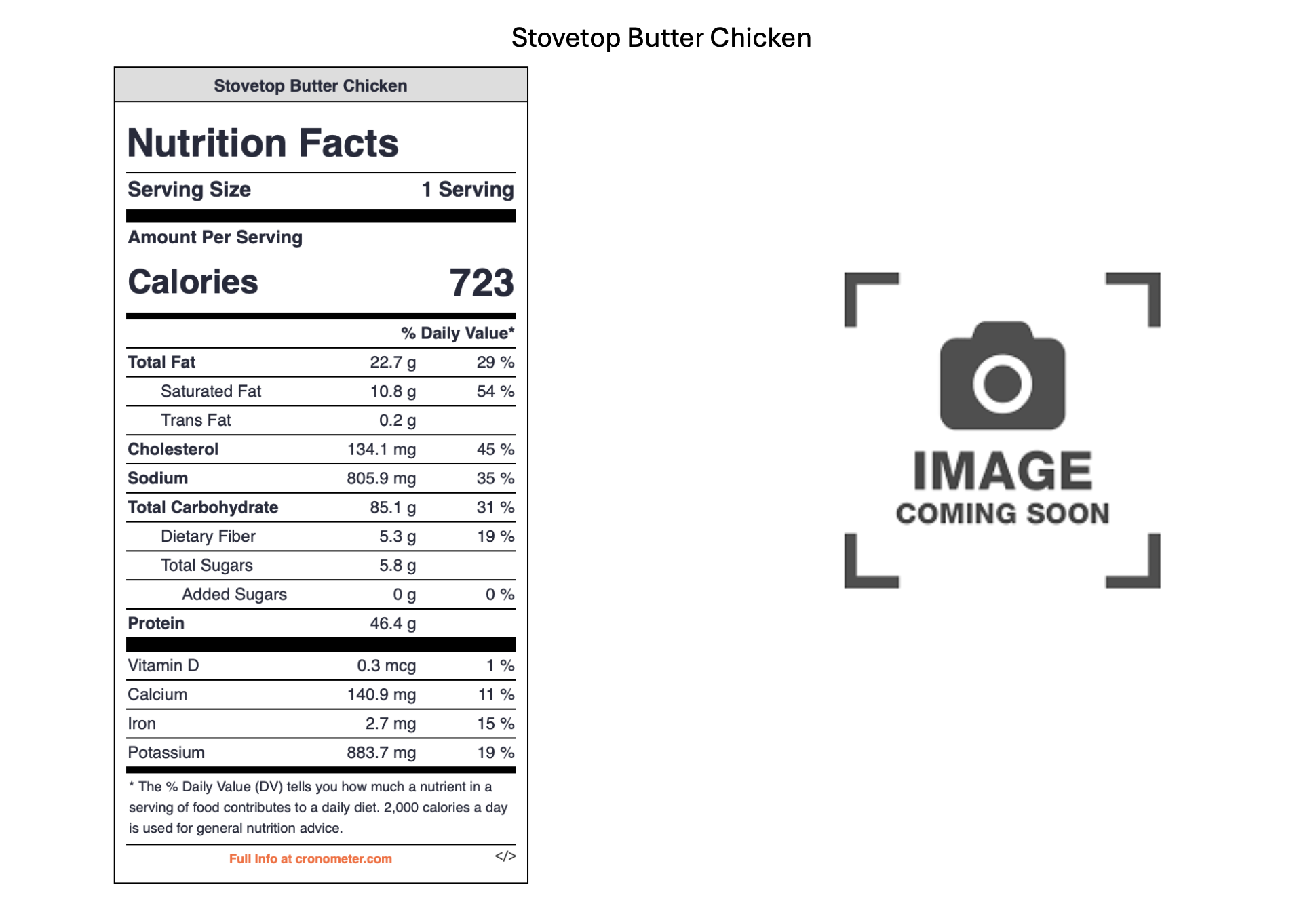 Placeholder image on the right with a camera icon and the text 'Image Coming Soon.' On the left, a nutrition facts label for 'Stovetop Butter Chicken' detailing calories, fat, cholesterol, sodium, carbohydrates, proteins, vitamins, and minerals.