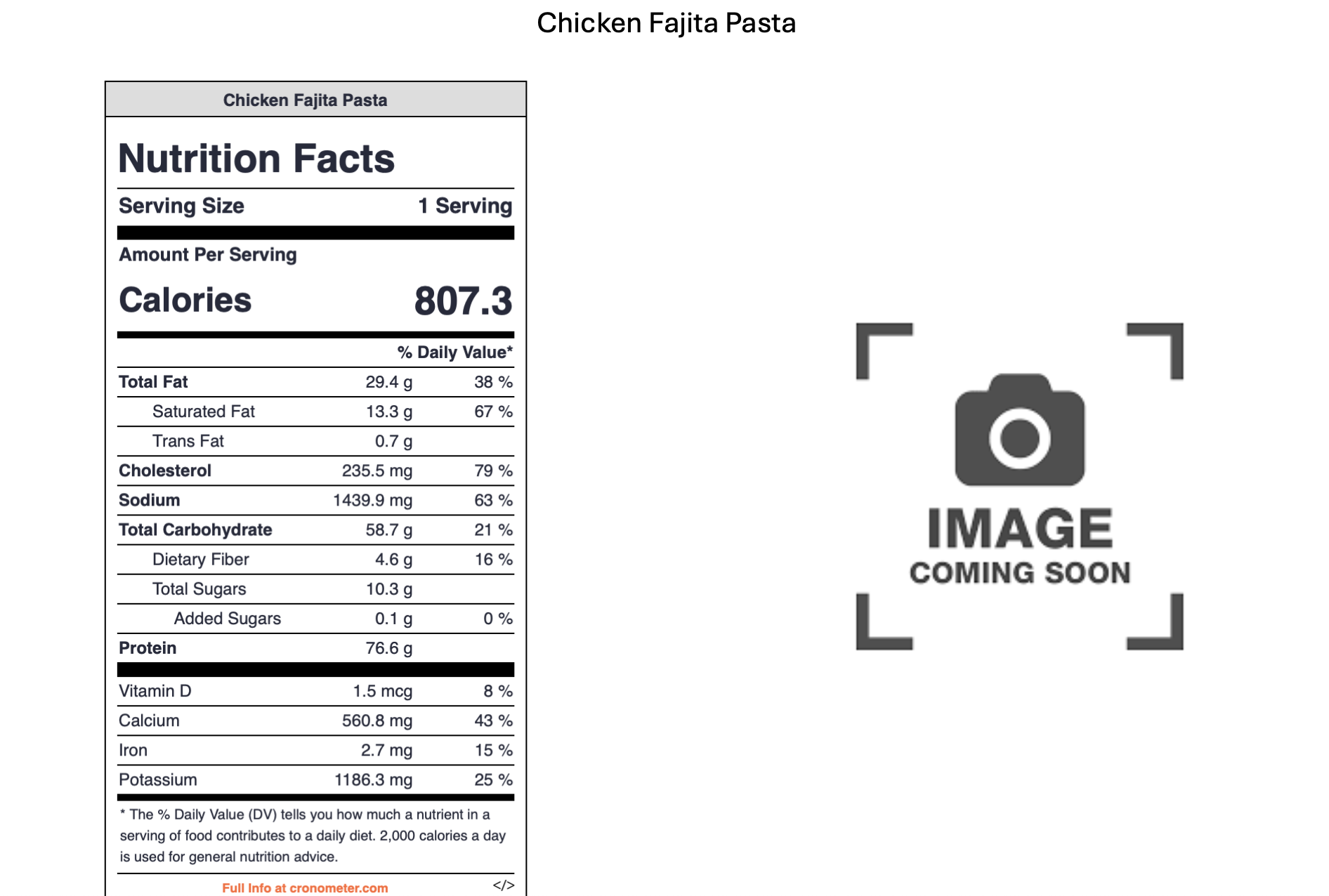 A nutrition facts label for Chicken Fajita Pasta showing calories, fat, cholesterol, sodium, carbohydrates, sugars, protein, vitamin D, calcium, iron, and potassium. To the right, there is a placeholder image with a camera icon and the text 'IMAGE CO