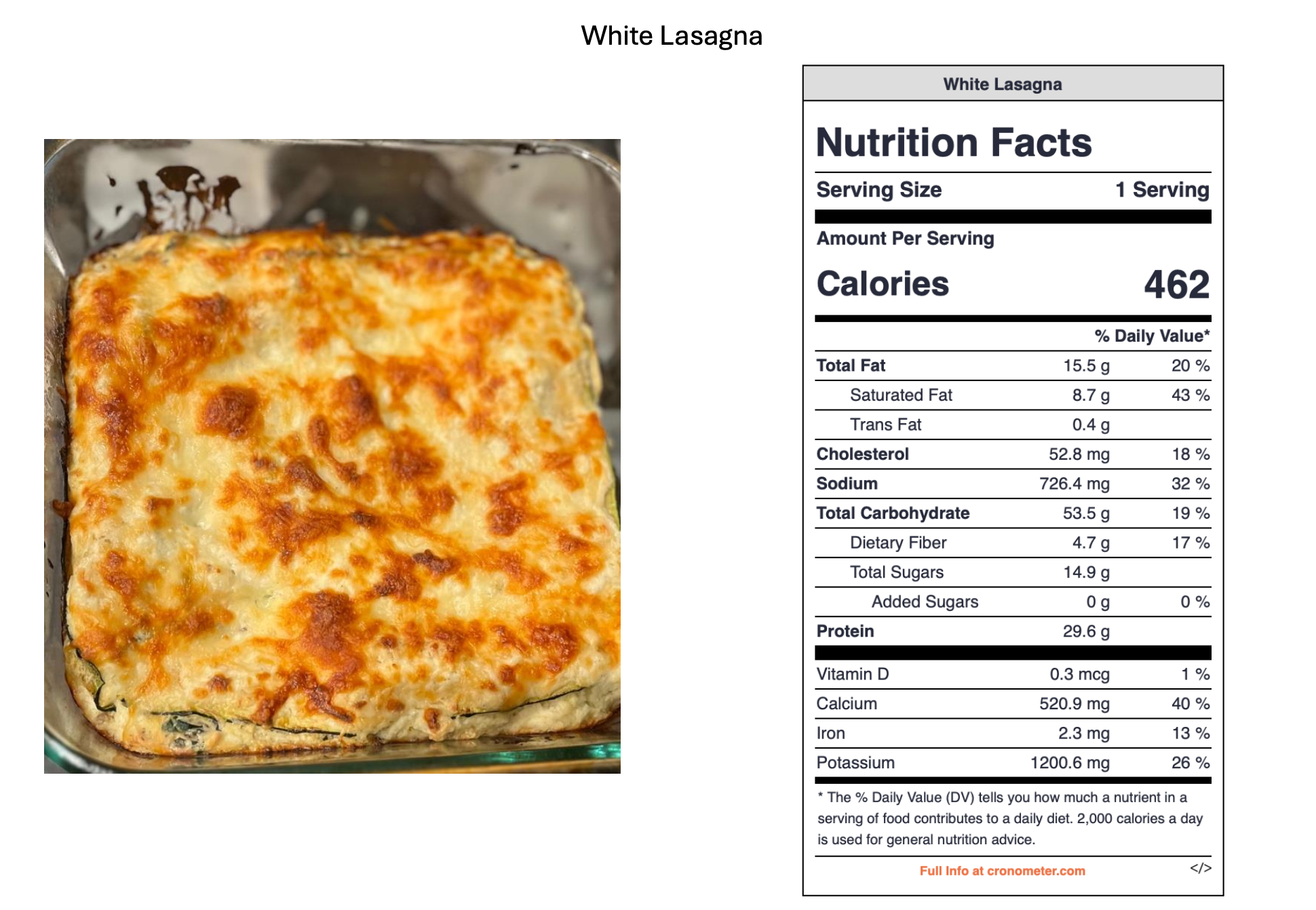 Baked white lasagna with a golden cheese topping in a glass dish next to a nutrition facts label.