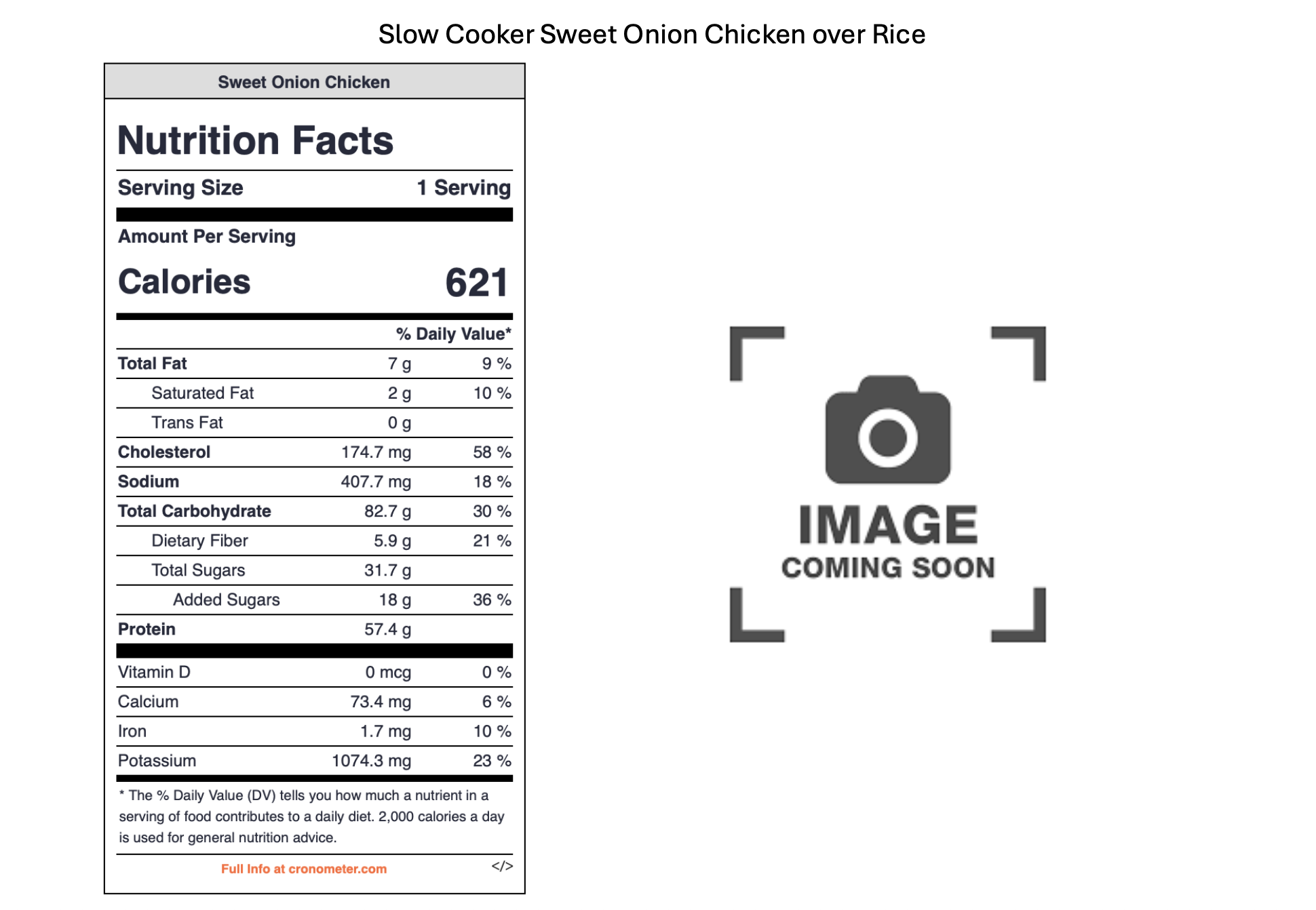 Placeholder image with an icon of a camera and the text 'IMAGE COMING SOON' on the right side. The background contains nutritional facts for a sweet onion chicken dish served over rice on the left side.