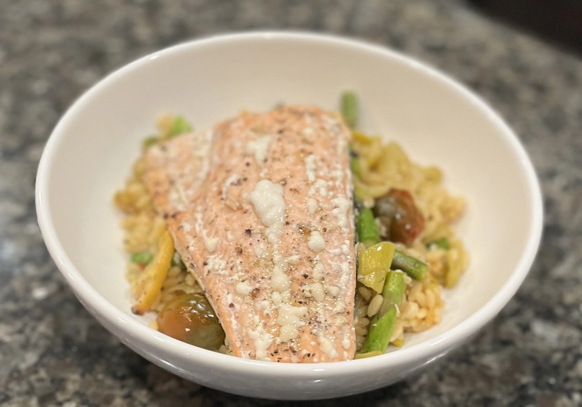 Salmon, Lemon, Orzo, and Tomato Casserole