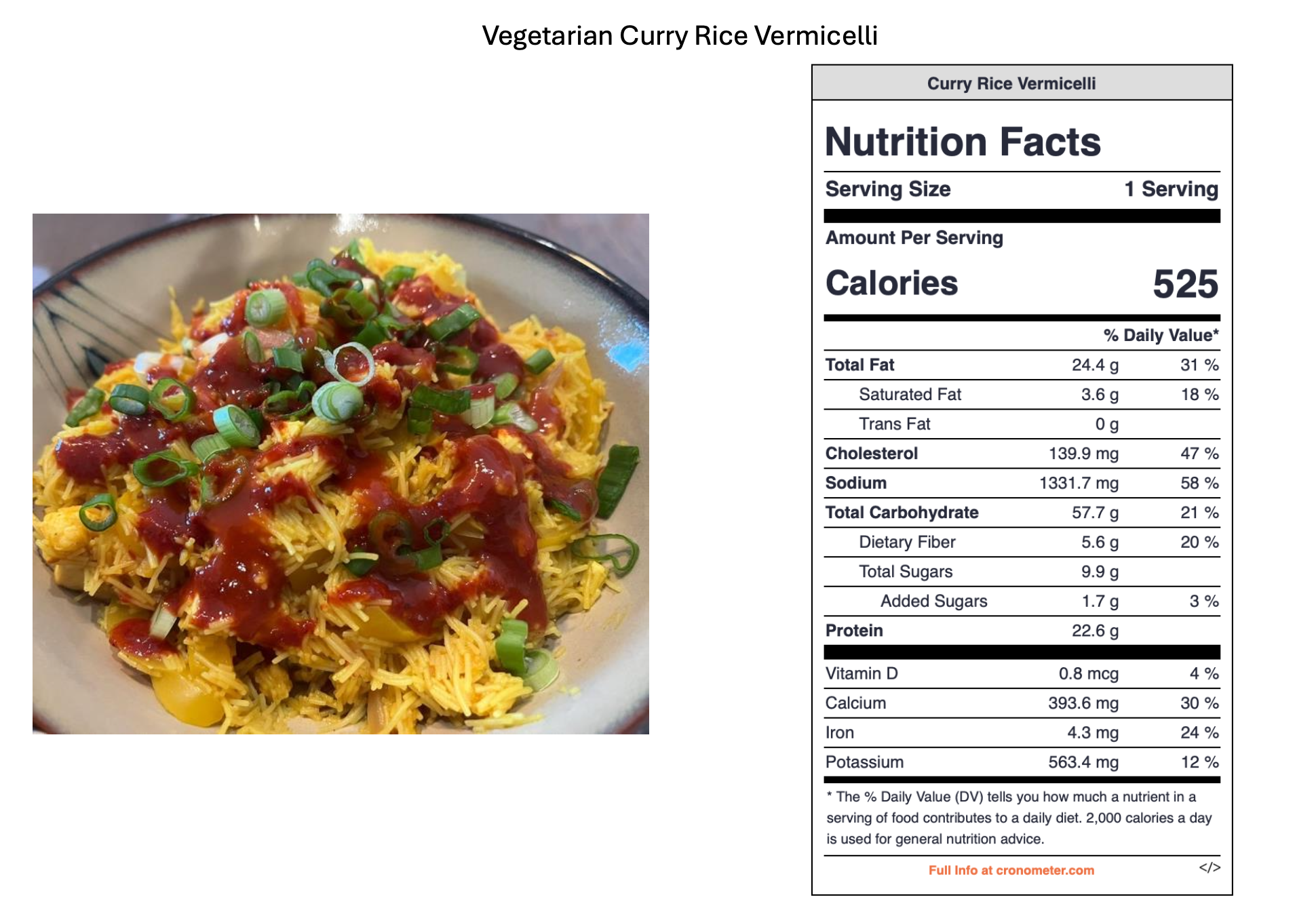 A bowl of vegetarian curry rice vermicelli garnished with chopped green onions and topped with red sauce. Next to it is a nutrition facts label for curry rice vermicelli, detailing serving size, calories, fats, cholesterol, sodium, carbohydrates, sug