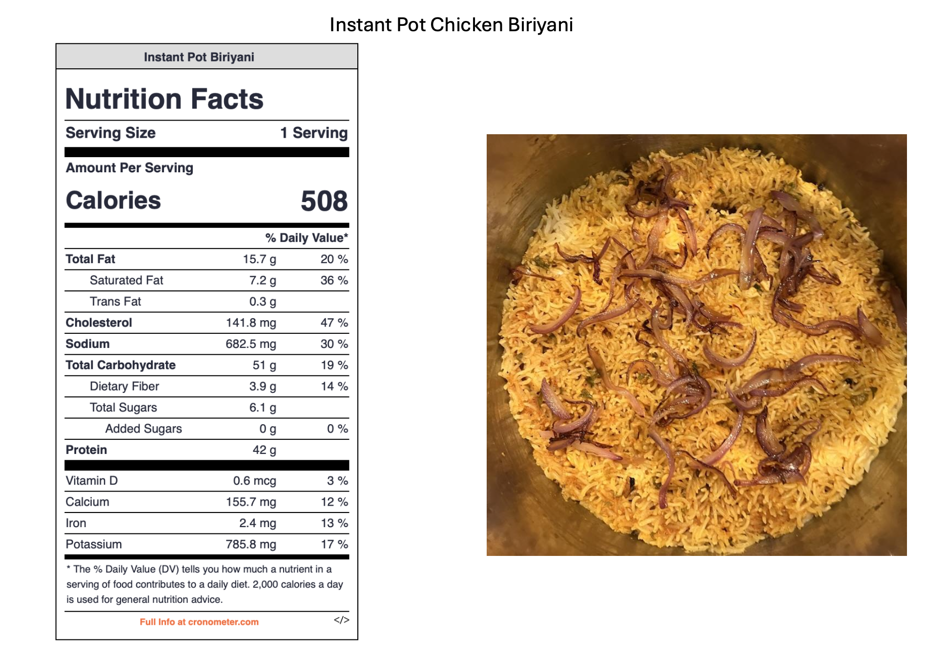 A plate of instant pot chicken biryani topped with cooked onions.