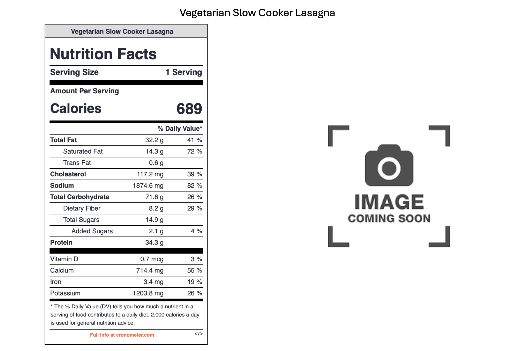A nutrition label for Vegetarian Slow Cooker Lasagna with details on calories, fat, cholesterol, sodium, carbohydrates, protein, vitamins, calcium, iron, and potassium, alongside a placeholder image with a camera icon and the text 'Image Coming Soon.