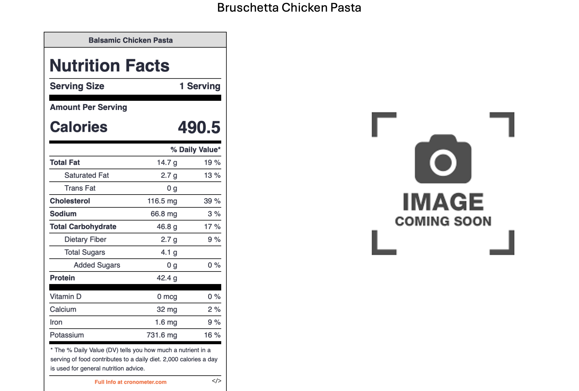 A nutrition facts label for Balsamic Chicken Pasta, displaying information such as calorie count (490.5 calories per serving), total fat (14.7g), cholesterol (116.5mg), sodium (66.8mg), total carbohydrate (46.8g), protein (42.4g), and various vitamin