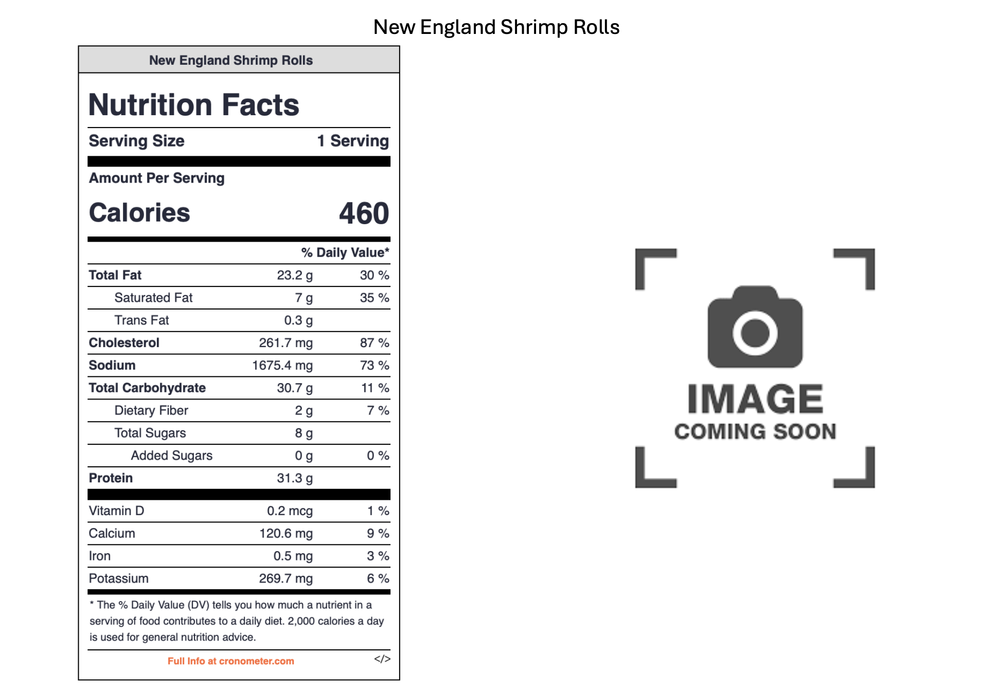 Image of nutrition facts label for New England Shrimp Rolls, showing calorie content, fats, cholesterol, sodium, carbohydrates, fibers, sugars, protein, and vitamins facts; next to a placeholder image with an icon of a camera and the text 'Image Comi