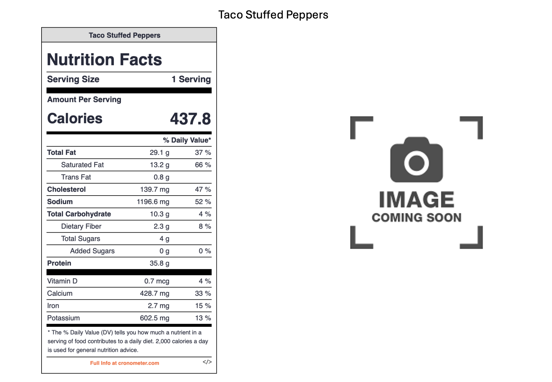 Placeholder image with a camera icon and the text 'Image Coming Soon' on the right side. On the left side, a nutrition label for Taco Stuffed Peppers showing serving size, calories, and various nutrient details.