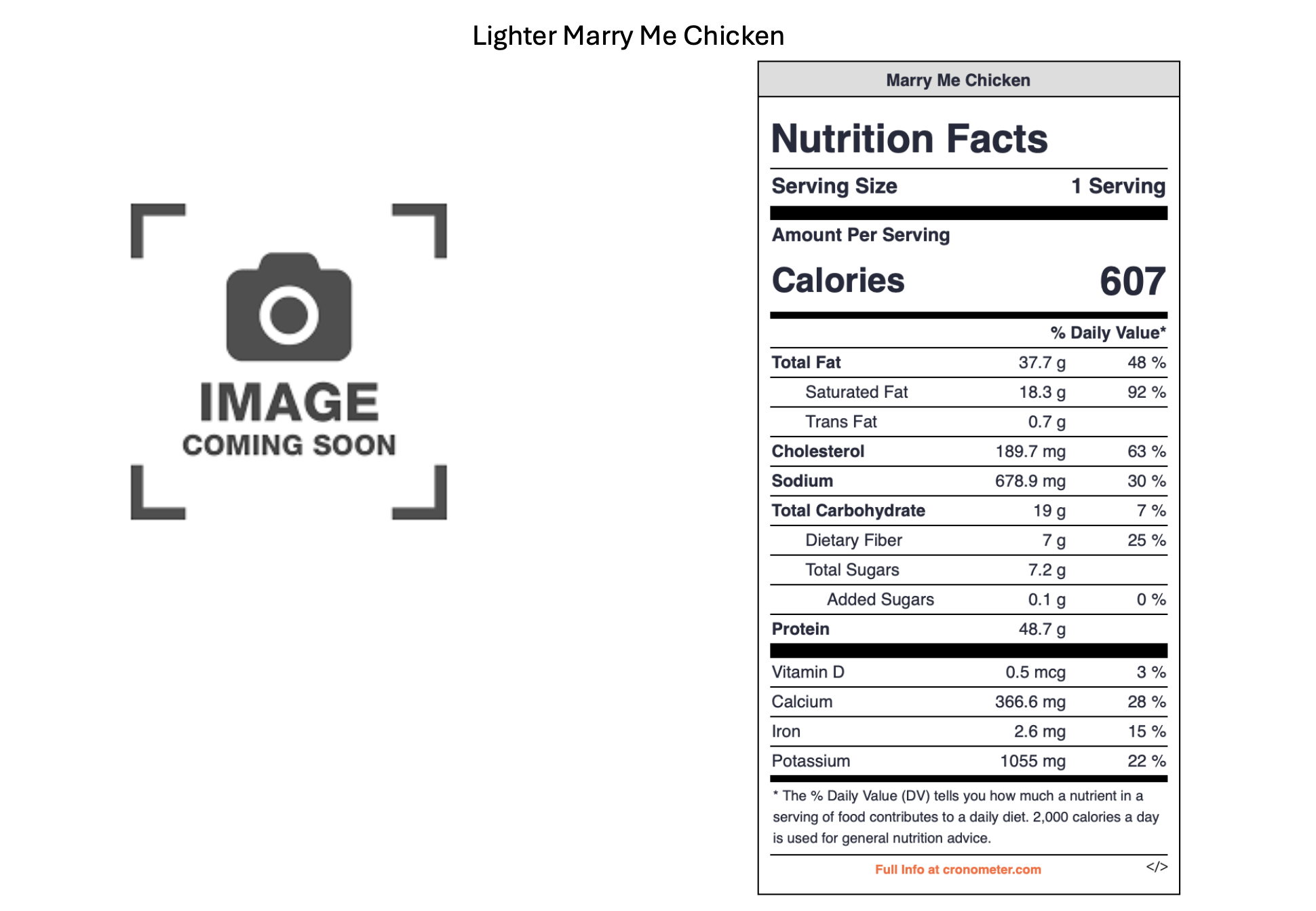 Placeholder image with a camera icon and the text 'Image Coming Soon.' To the right, a nutrition facts label for 'Lighter Marry Me Chicken,' showing serving size, calorie content, and nutrient information.