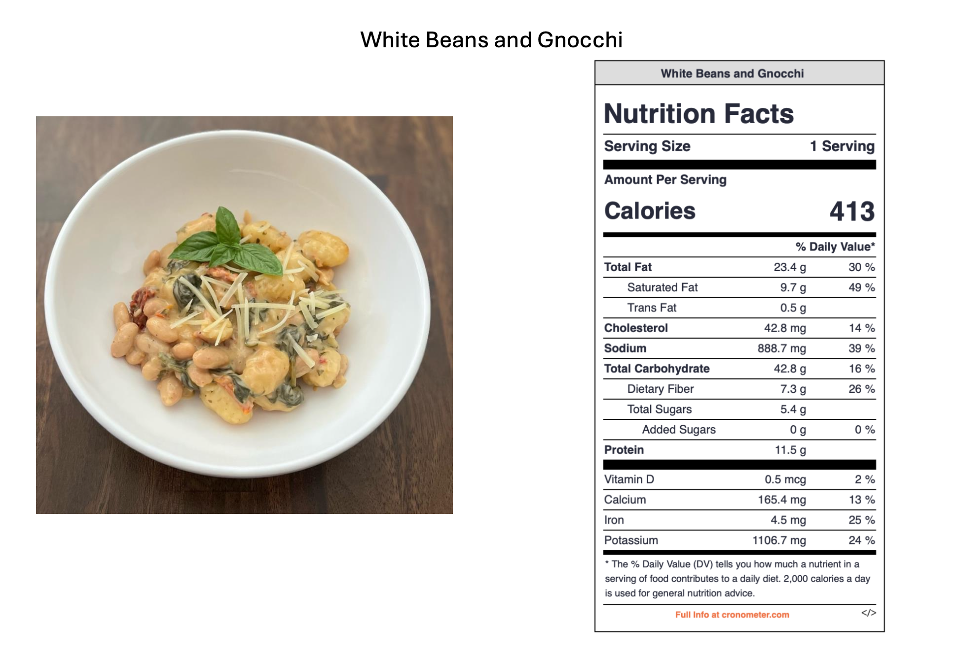 A white bowl containing white beans and gnocchi, garnished with fresh basil leaves and shredded cheese, placed on a dark wooden surface.