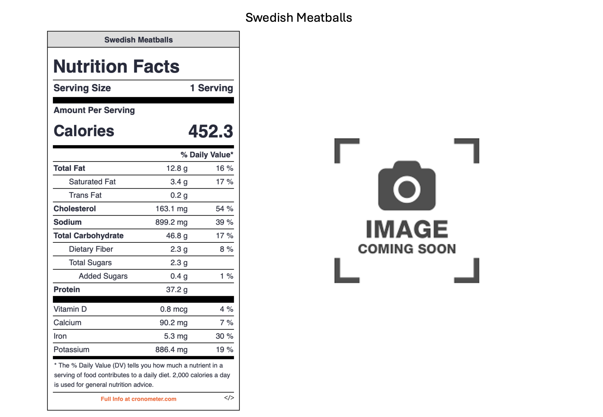 Placeholder image with text and a gray camera icon; text reads 'SWEDISH MEATBALLS', 'NUTRITION FACTS', and 'COMING SOON'.