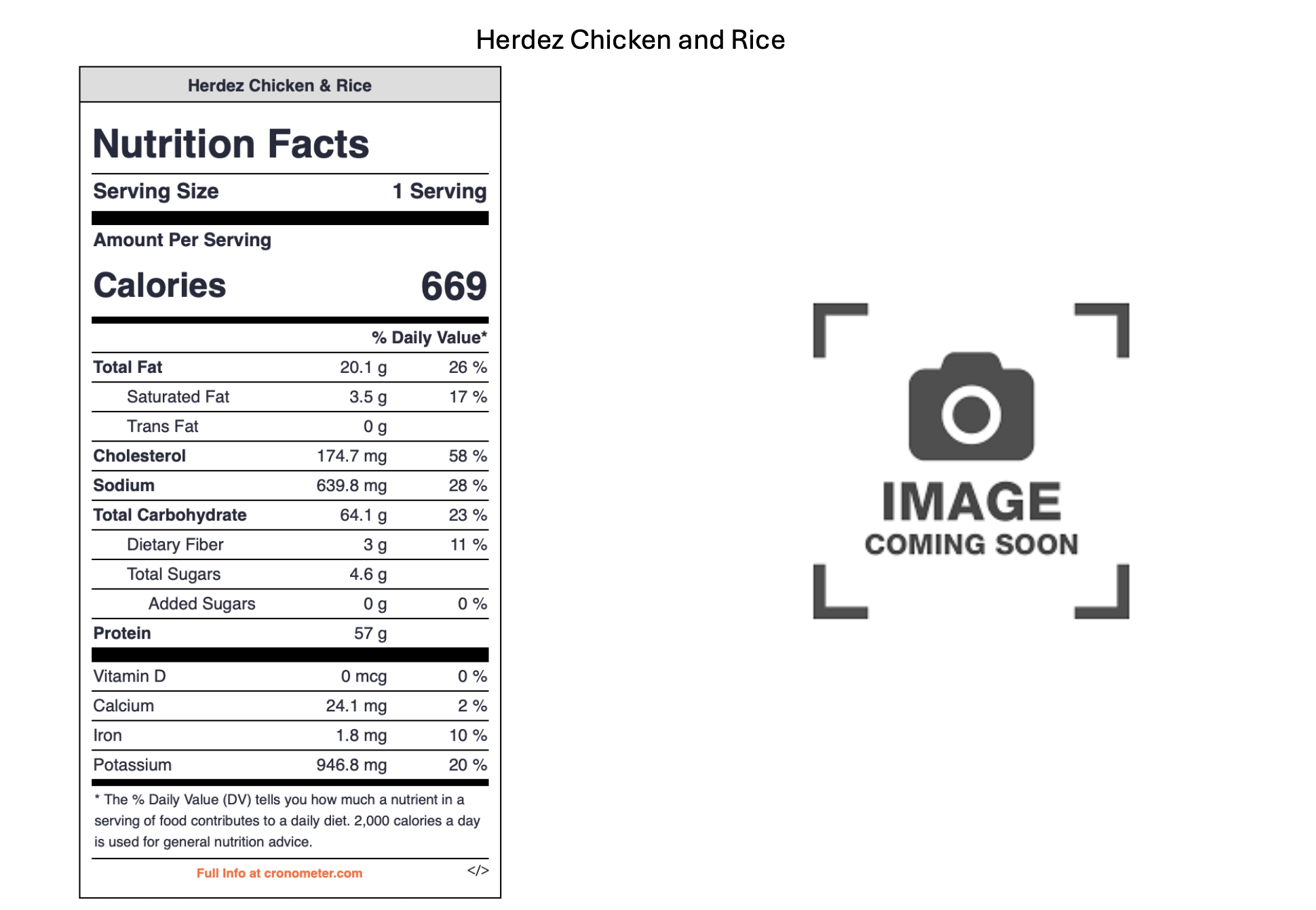 Placeholder image with a camera icon and the text 'Image Coming Soon' on a gray background. The left side of the image contains a nutrition facts label for Herdez Chicken and Rice, displaying serving size, calories, and various nutrients.