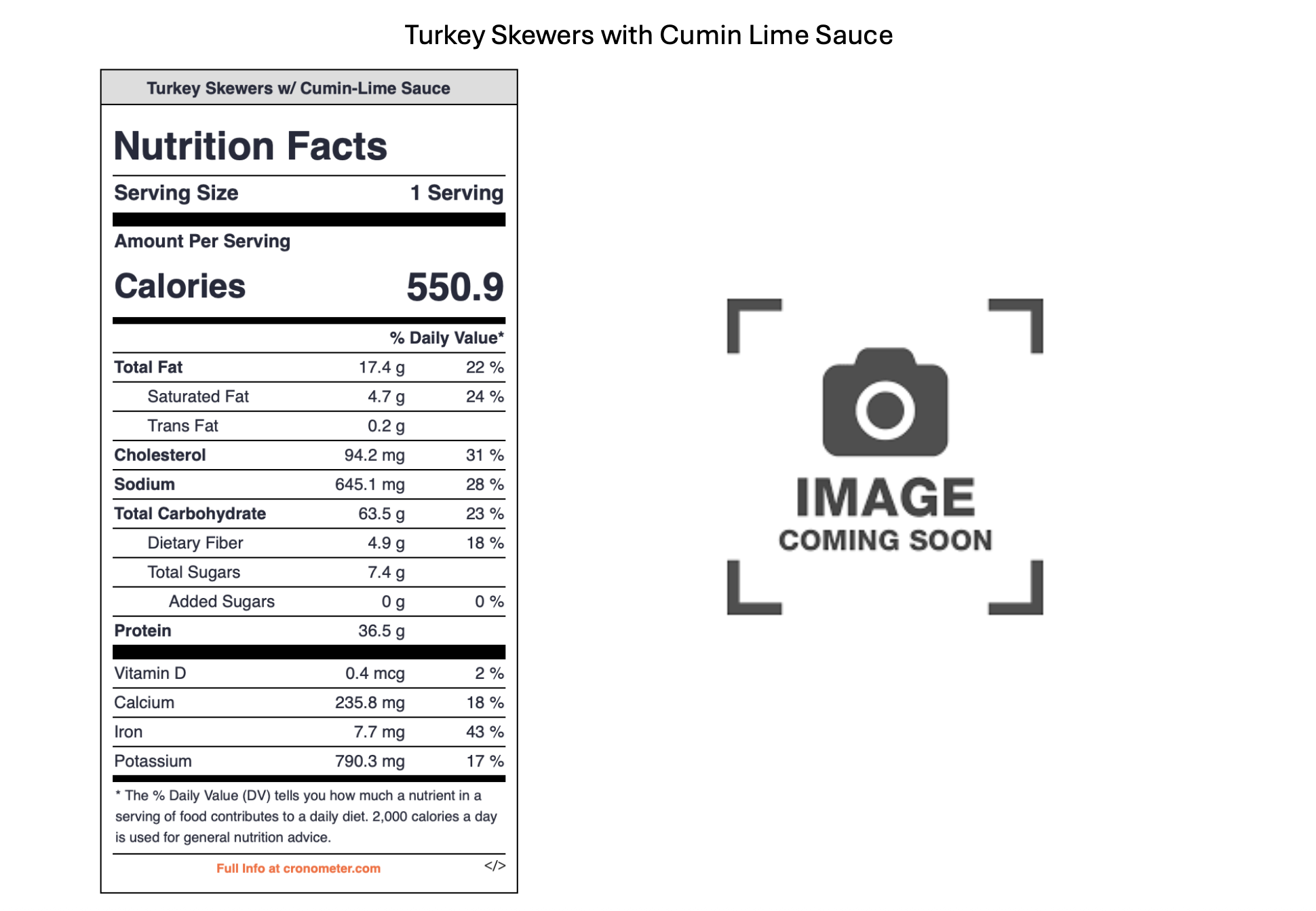 Placeholder image with the text 'IMAGE COMING SOON' and a camera icon centered. To the left, a nutrition facts label for turkey skewers with cumin lime sauce showing calorie count, fat, cholesterol, sodium, carbohydrates, protein, vitamins and minera