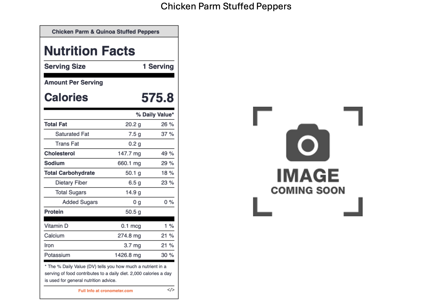 A nutritional facts label for Chicken Parm and Quinoa Stuffed Peppers with a large placeholder image on the right saying 'IMAGE COMING SOON'.