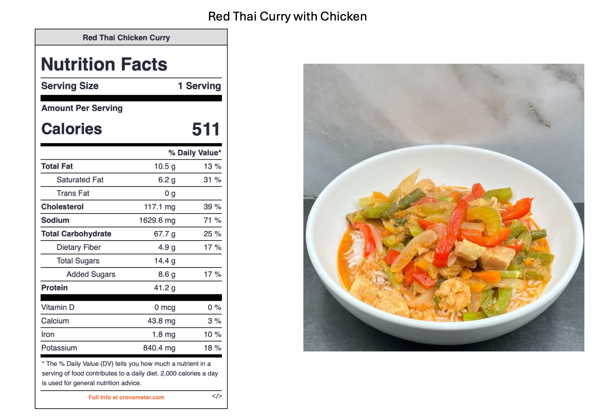 A white bowl of red Thai chicken curry with colorful vegetables and rice, placed on a dark surface against a light grey background.