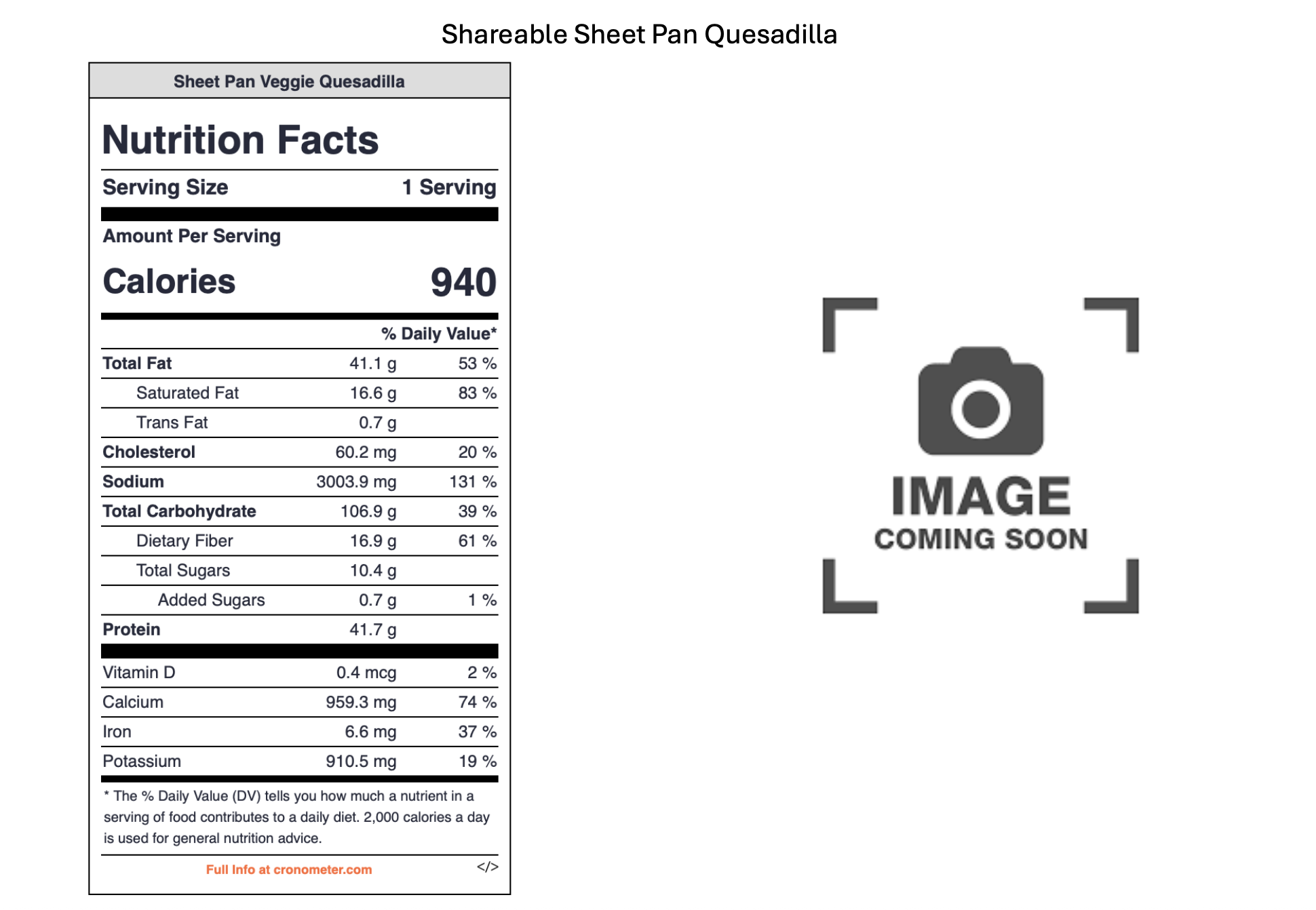 A nutrition facts label for a veggie quesadilla with information about calories, fat, cholesterol, sodium, carbohydrates, fiber, sugars, protein, vitamin D, calcium, iron, and potassium. To the right, a placeholder image indicating 'Image Coming Soon