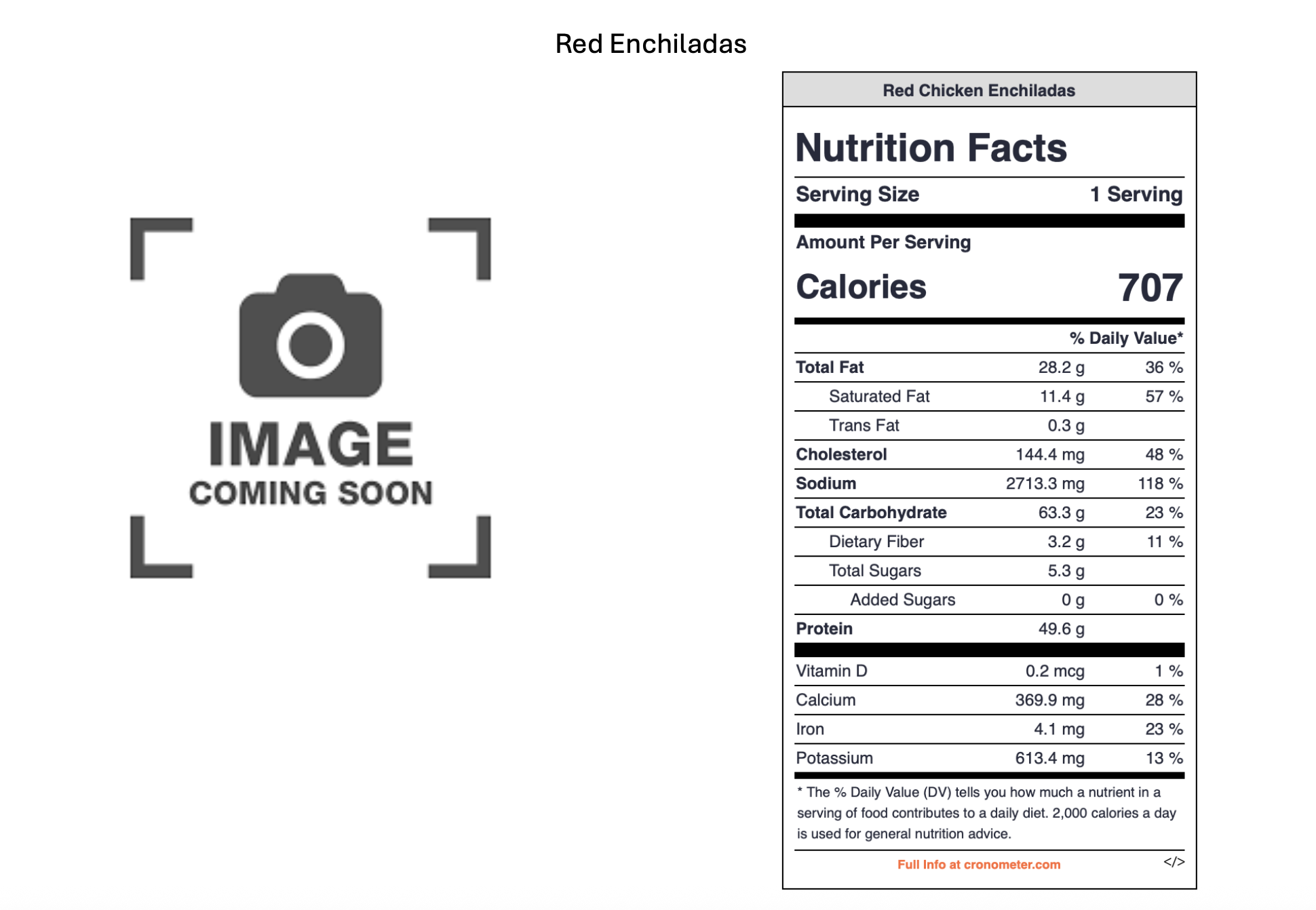 Placeholder image with a camera icon and the text 'Image Coming Soon'; a nutrition label for red chicken enchiladas showing calories (707), fats, cholesterol, sodium, carbohydrates, protein, vitamins and minerals data.