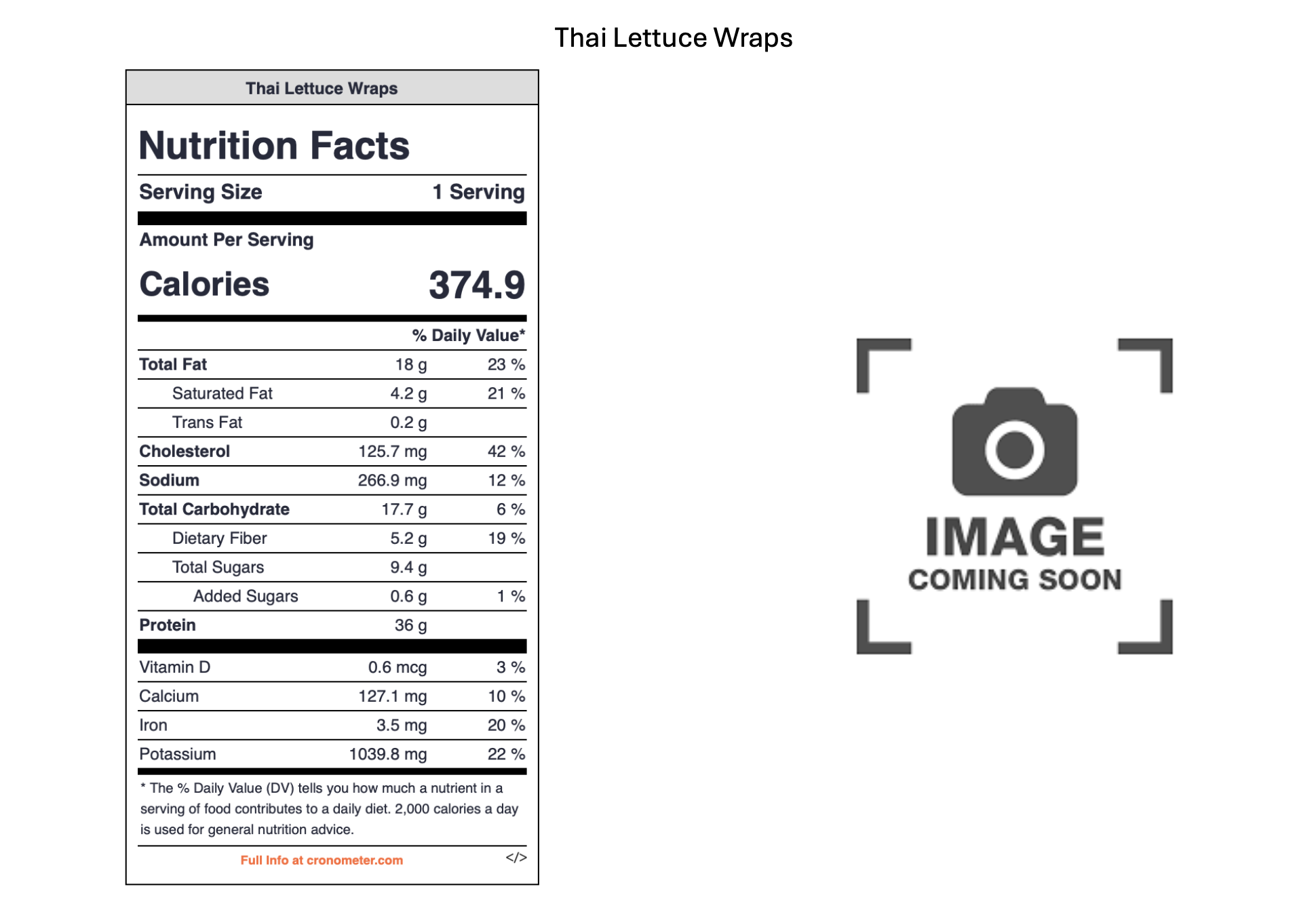 A nutrition facts label for Thai Lettuce Wraps indicating around 375 calories per serving, with details for fats, cholesterol, sodium, carbohydrates, proteins, vitamins, calcium, iron, and potassium. An adjacent placeholder with a camera icon and the