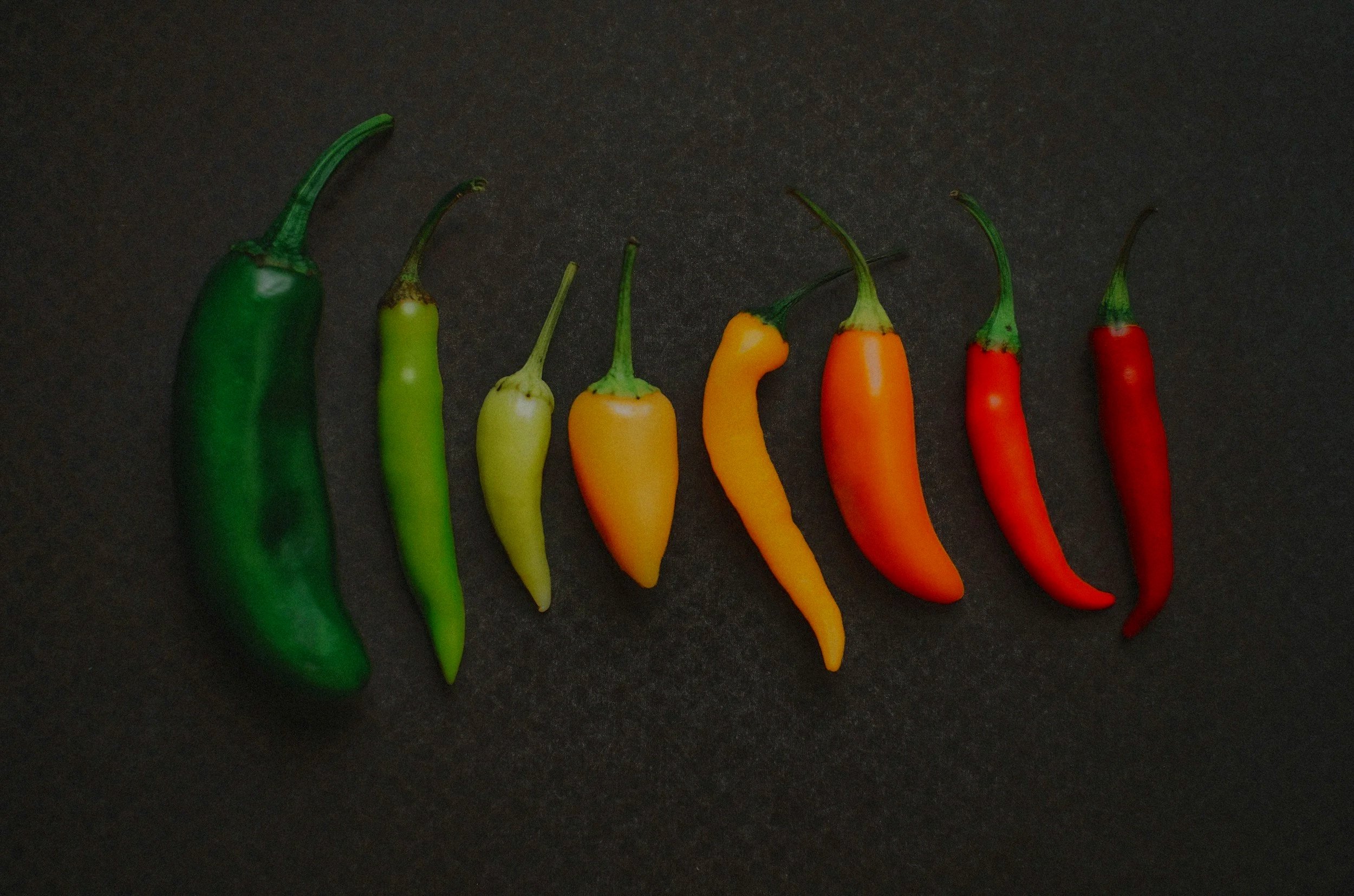 A lineup of various colorful chili peppers arranged from green to red on a dark surface.