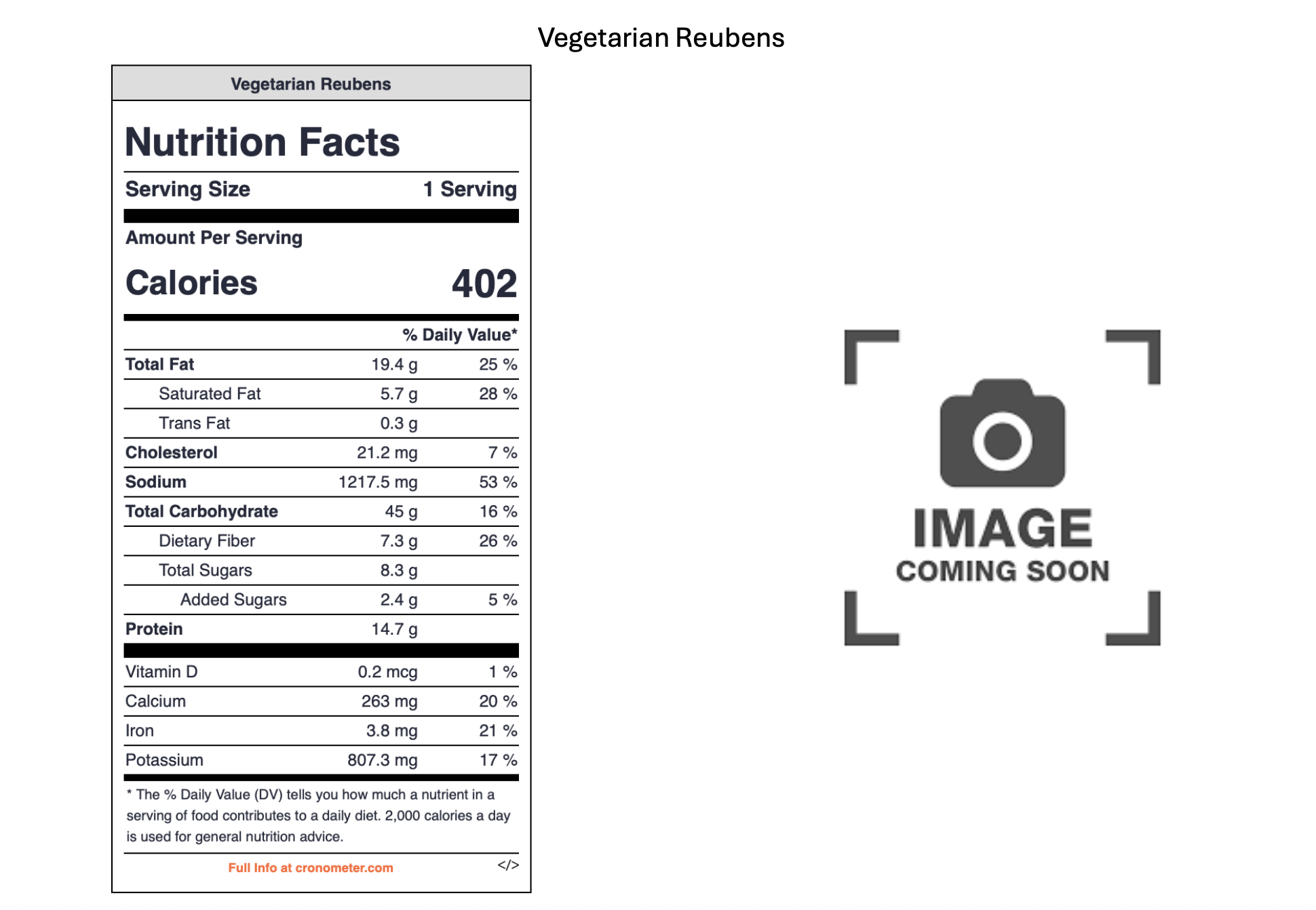Nutrition facts label for vegetarian Reubens, listing serving size, calories, and nutritional content, with a placeholder image on the right marked 'Image Coming Soon'.