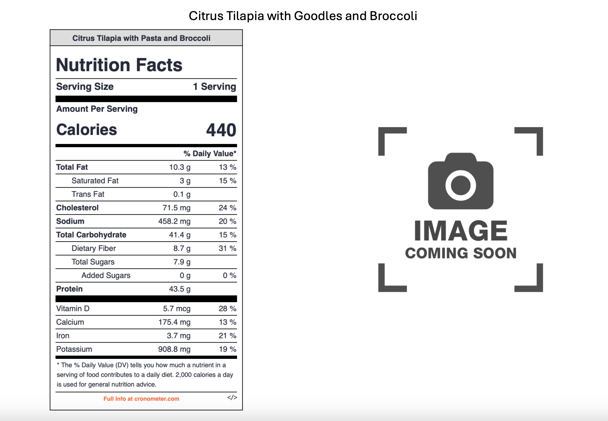 Nutrition facts label for citrus tilapia with pasta and broccoli, displaying nutritional information such as calories, total fat, saturated fat, trans fat, cholesterol, sodium, total carbohydrate, dietary fiber, sugars, added sugars, protein, vitamin