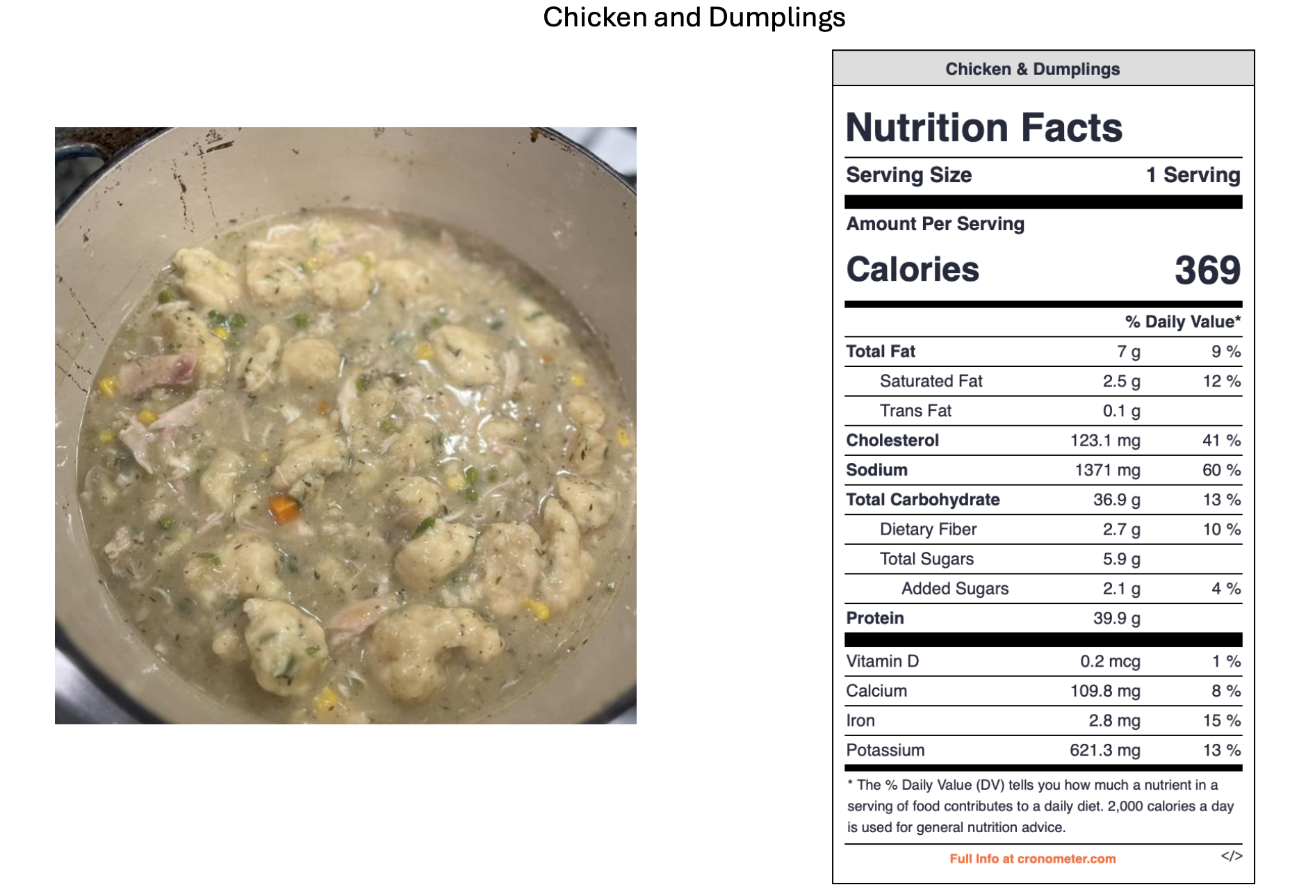 A pan of chicken and dumplings in broth next to a nutrition facts label.