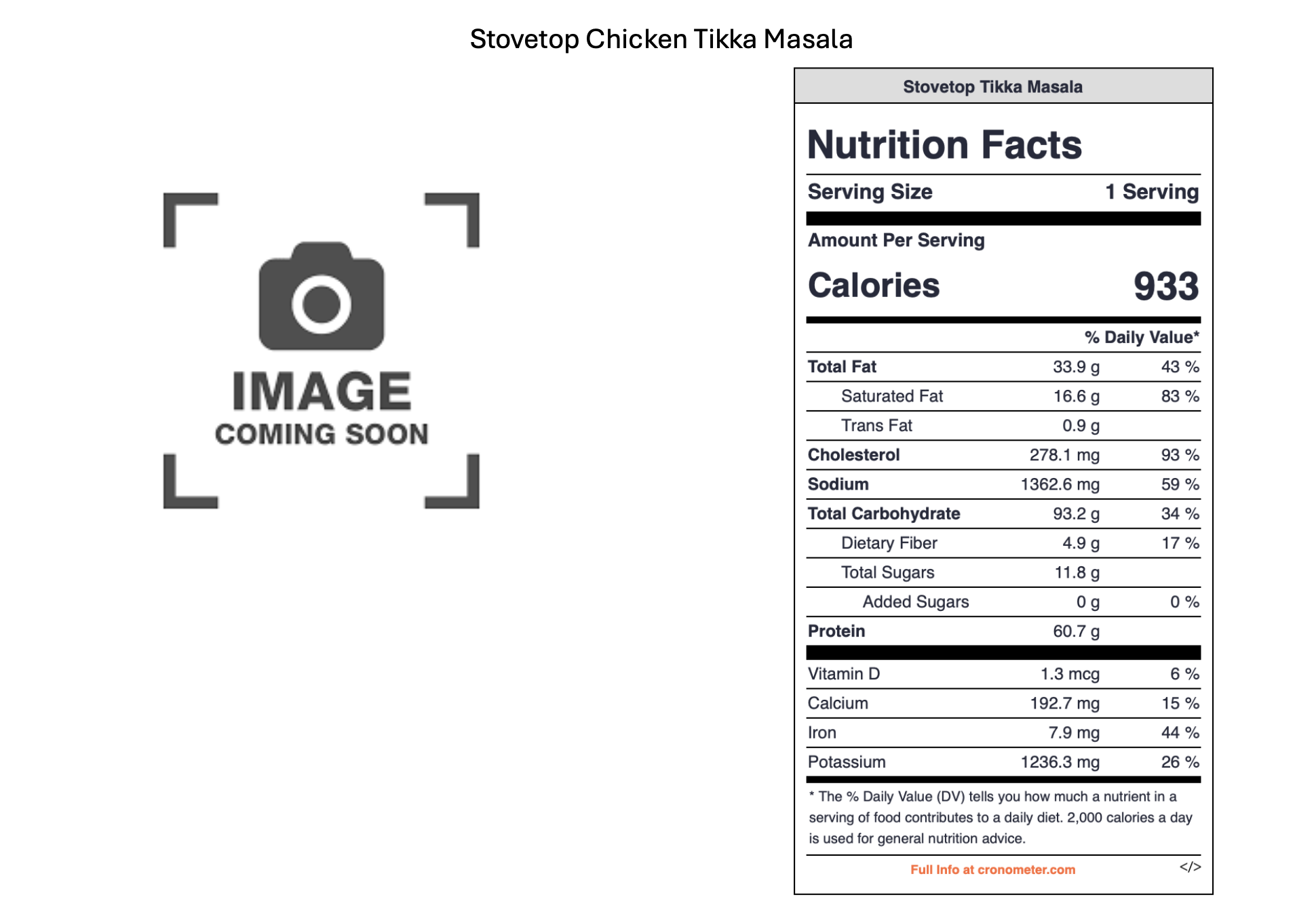 Placeholder image with a camera icon and the text 'Image Coming Soon.' Next to the placeholder is a nutrition facts label for 'Stovetop Chicken Tikka Masala,' detailing serving size, calories, and nutritional information.