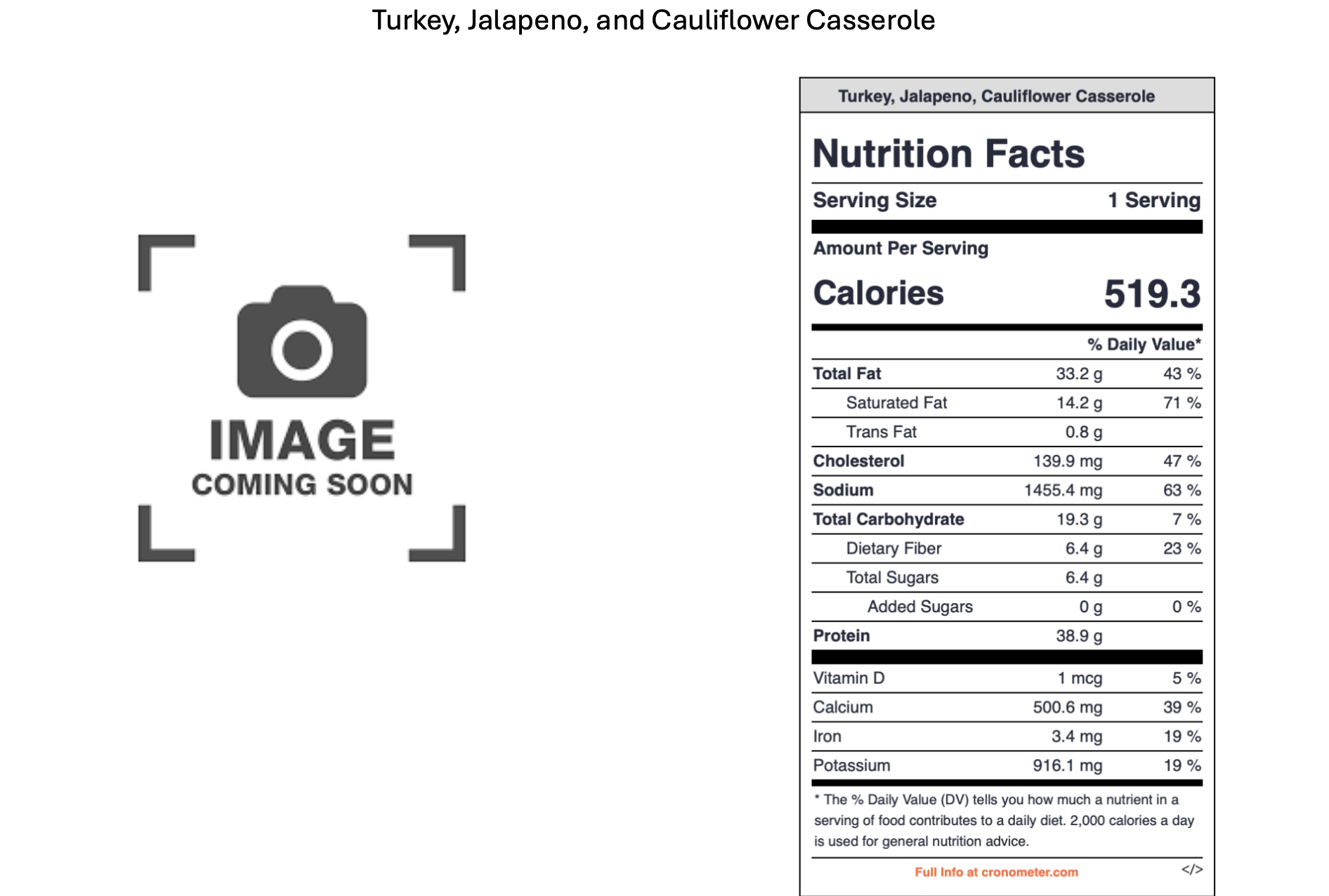 A placeholder image indicates that an actual image will be provided soon, with a camera icon and the text 'IMAGE COMING SOON' on the left. On the right, there is a nutrition label for a casserole dish made with turkey, jalapeno, and cauliflower, list