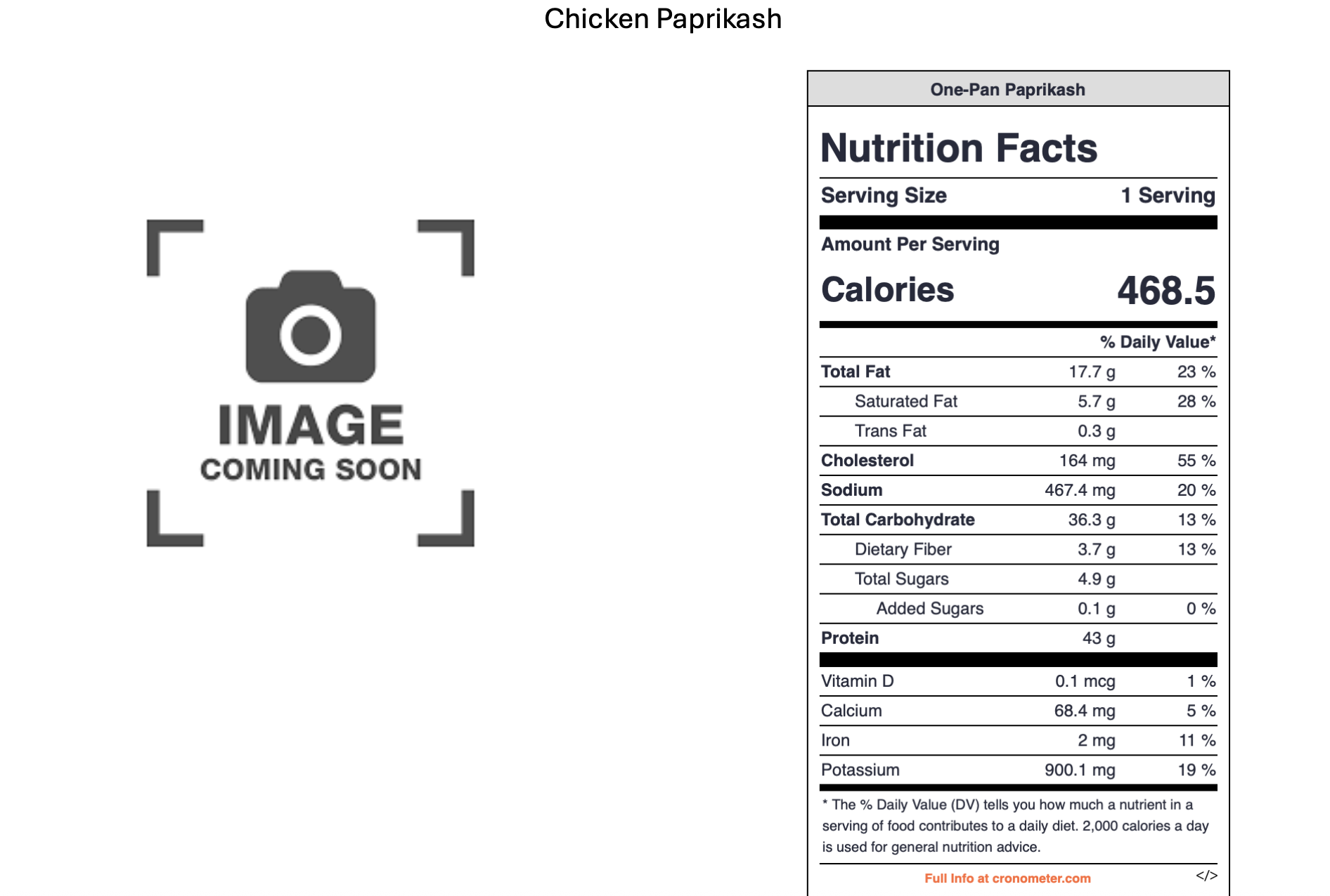 Nutrition label for Chicken Paprikash with details on calories, fat, cholesterol, sodium, carbohydrates, protein, vitamins, and minerals. A placeholder image with a camera icon and the text "Image Coming Soon."