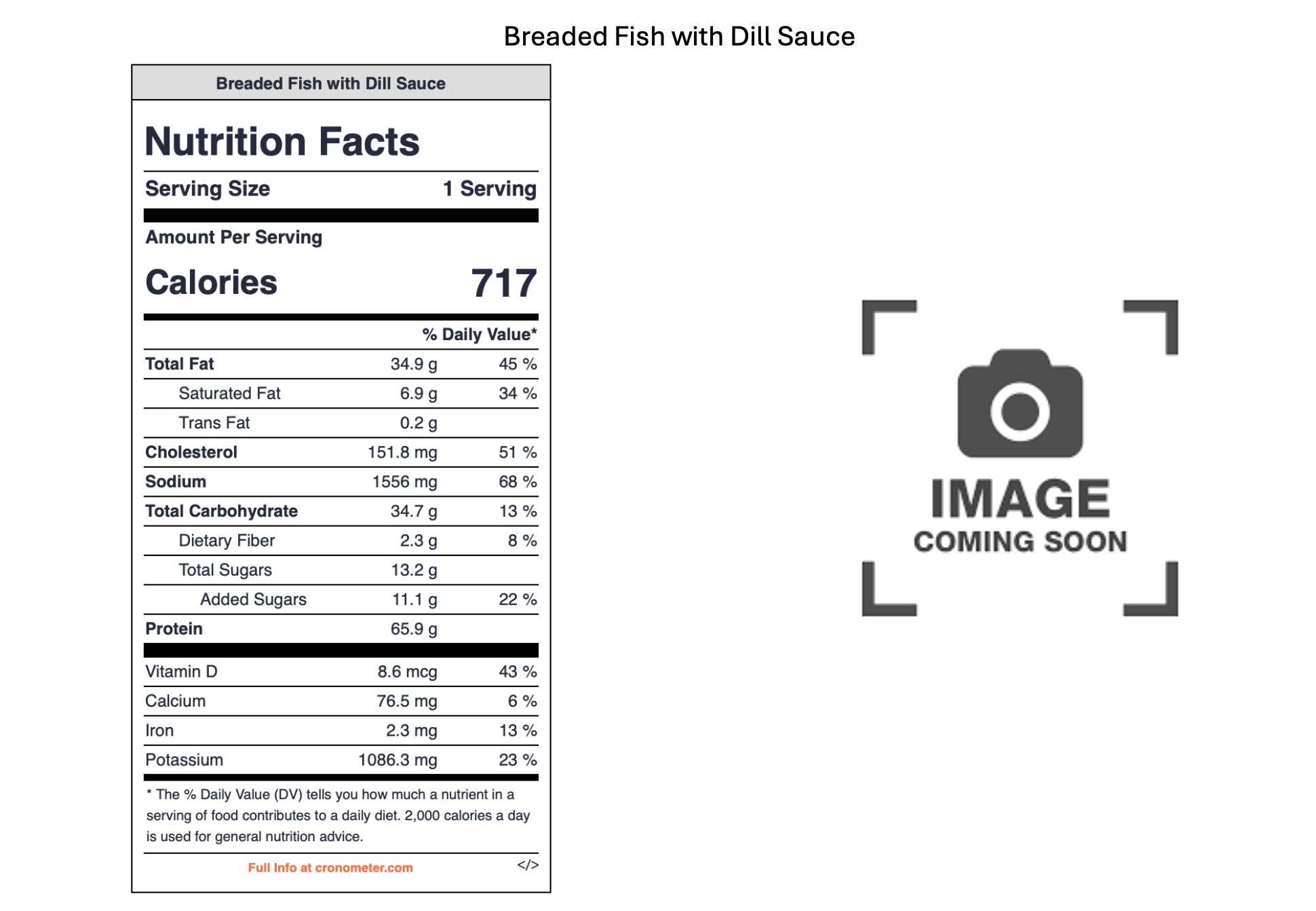 Nutrition facts label for breaded fish with dill sauce, showing calorie content, fat, cholesterol, sodium, carbohydrates, protein, vitamins and minerals, with a placeholder for an image.